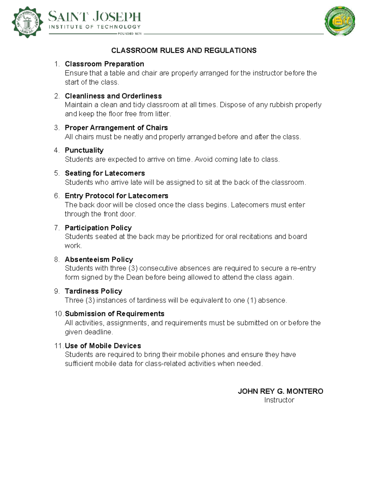 CLASSROOM RULES AND REGULATIONS: GUIDELINES FOR STUDENTS - Studocu