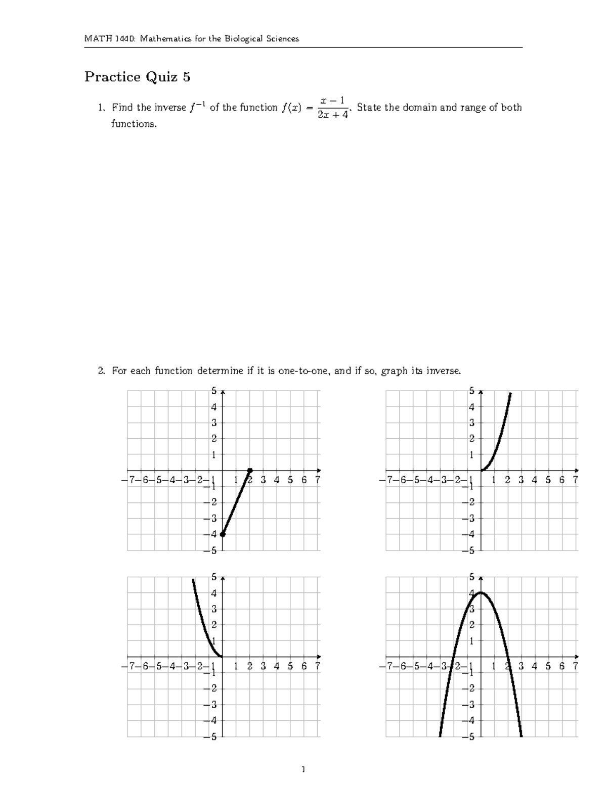 MATH 1440: Practice Quiz 5 - Inverse Functions & Graphs - Studocu