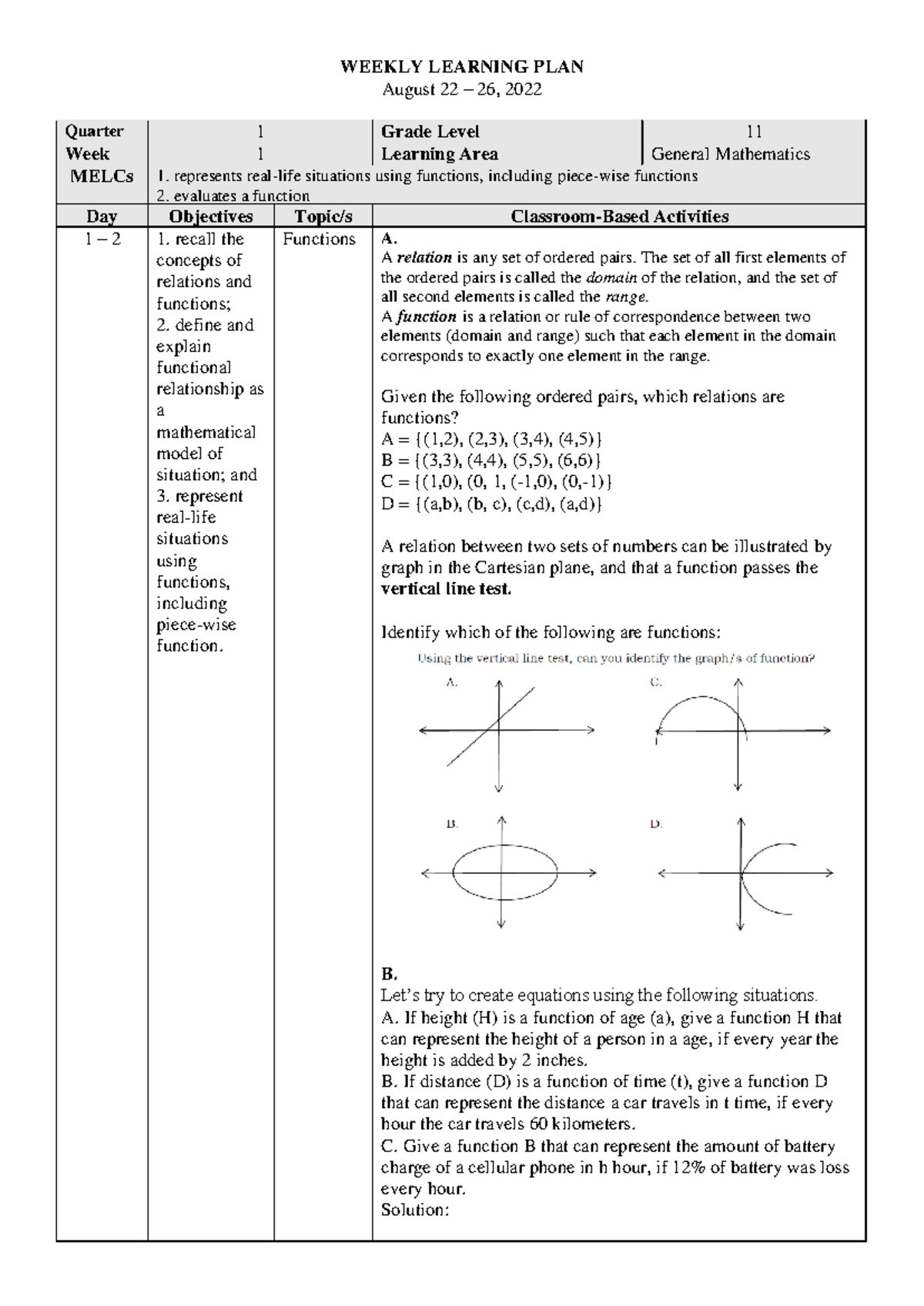 Gen Math WLP Q1 W1-2: Functions and Real-Life Applications - Studocu