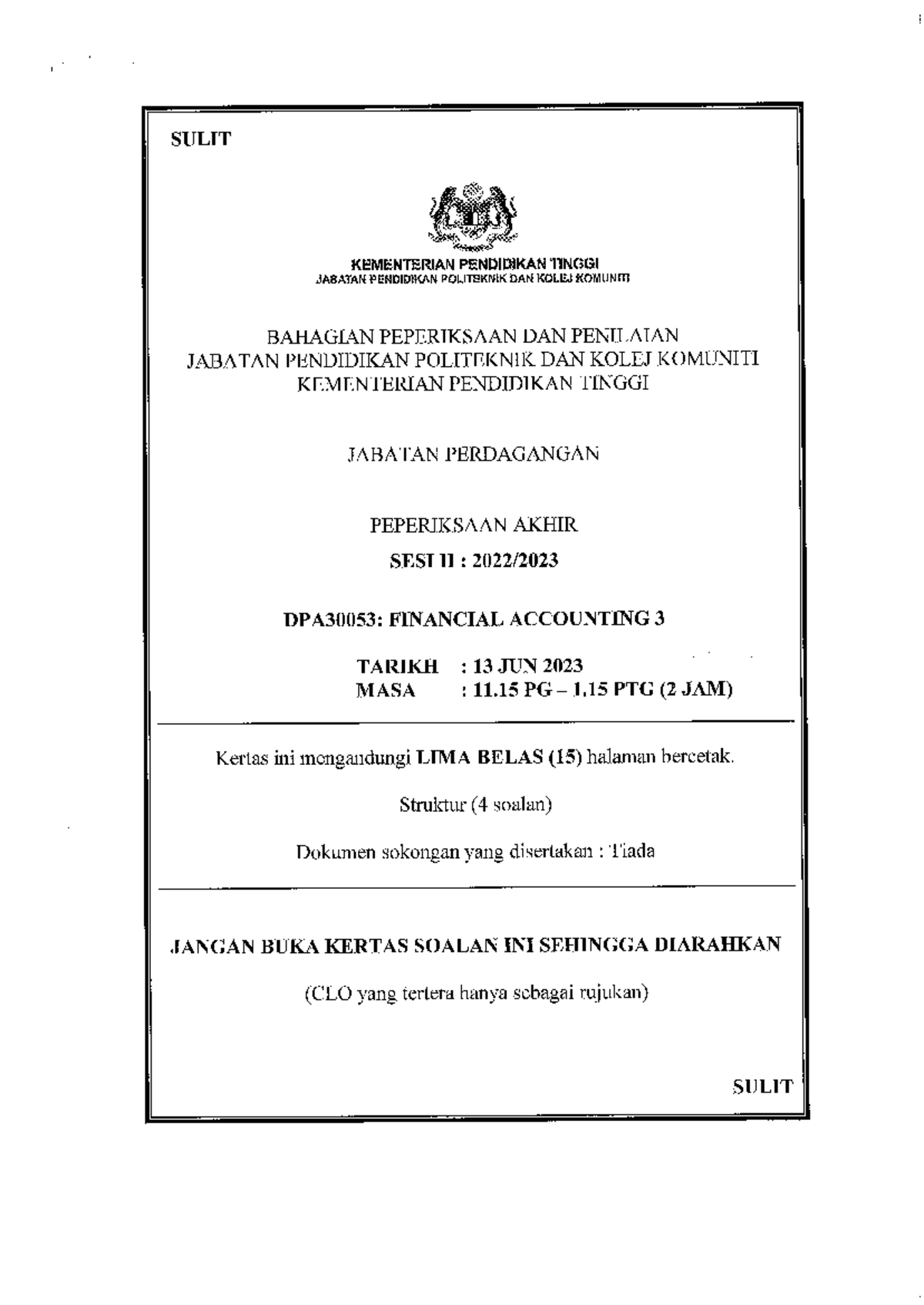 DPA30053: Final Exam - Financial Accounting 3 (Sesi II 2022/2023) - Studocu