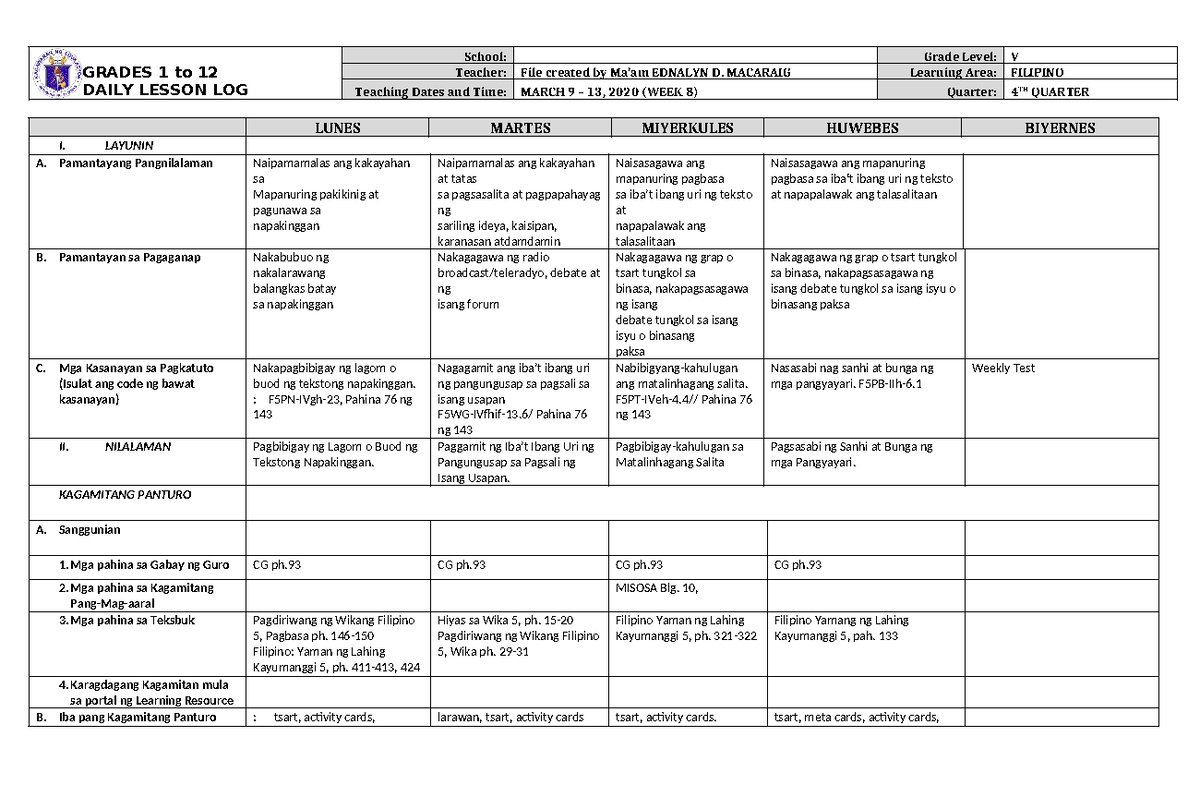 DLL Filipino 5 Q4 W8 - GRADES 1 to 12 DAILY LESSON LOG School: Grade ...