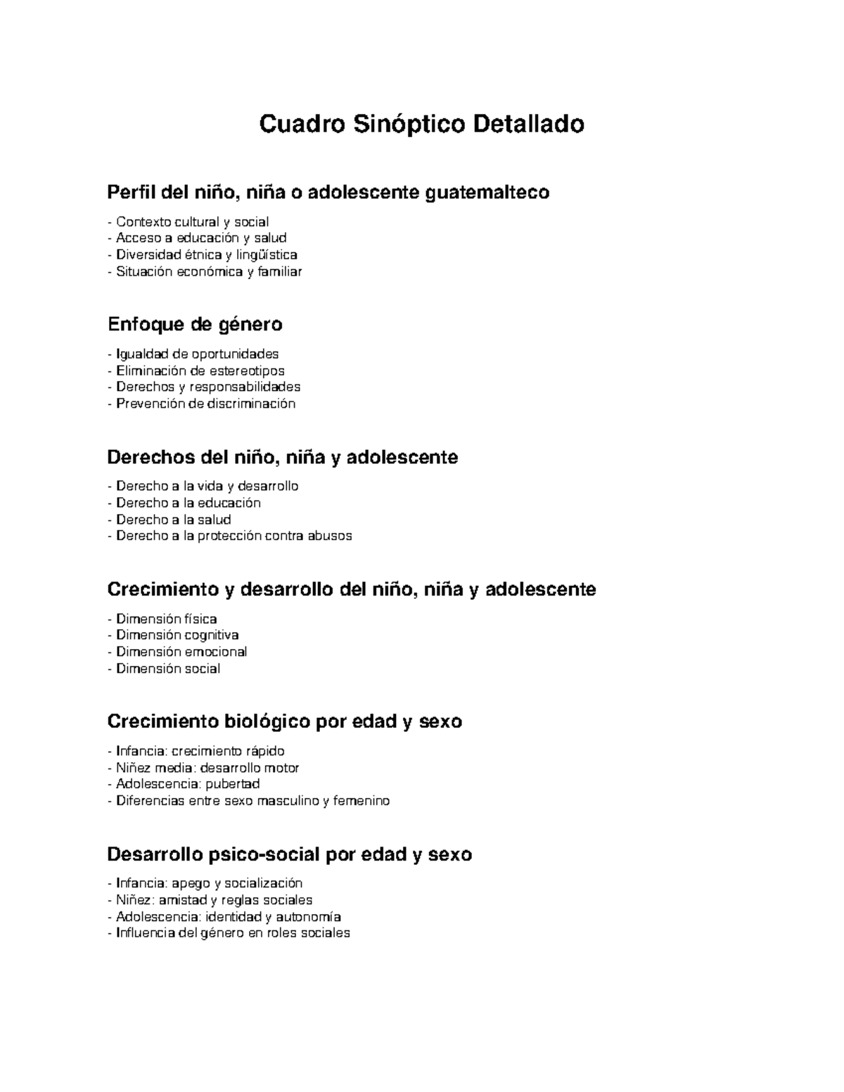 Cuadro Sinóptico Detallado: Perfil del Niño y Adolescente en Guatemala - Document Preview