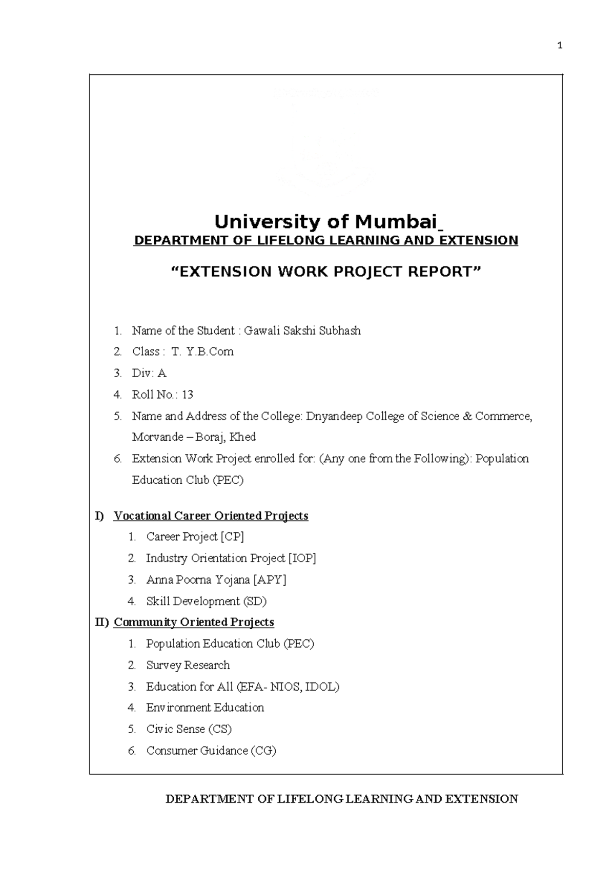 Extension Work Project Report on Population Education Club (PEC-1 ...