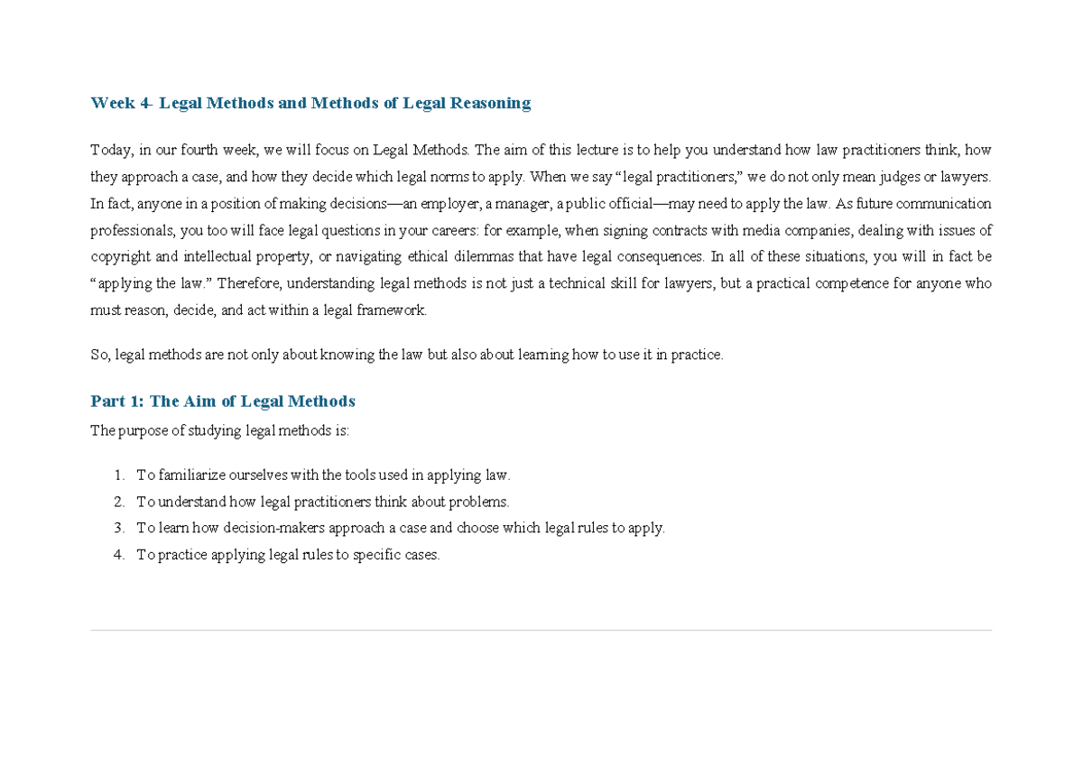Law 100 - Week 4: Legal Methods & Reasoning Techniques - Studocu
