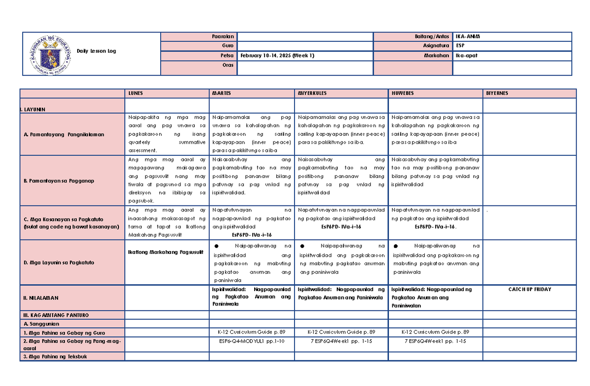 DLL ESP 6 Q4 W1: Daily Lesson Log for February 2025 (Week 1) - Studocu