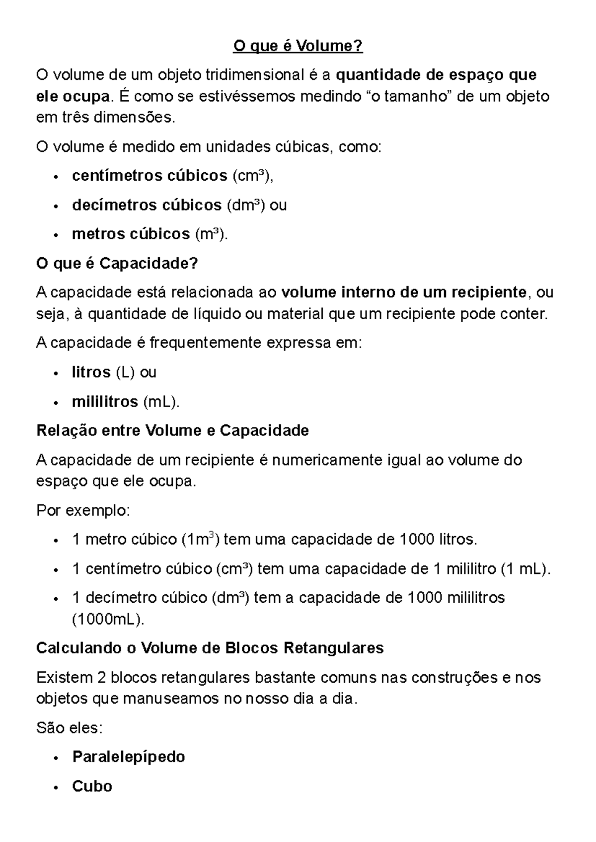O que é Volume e Capacidade: Conceitos e Cálculos - Studocu