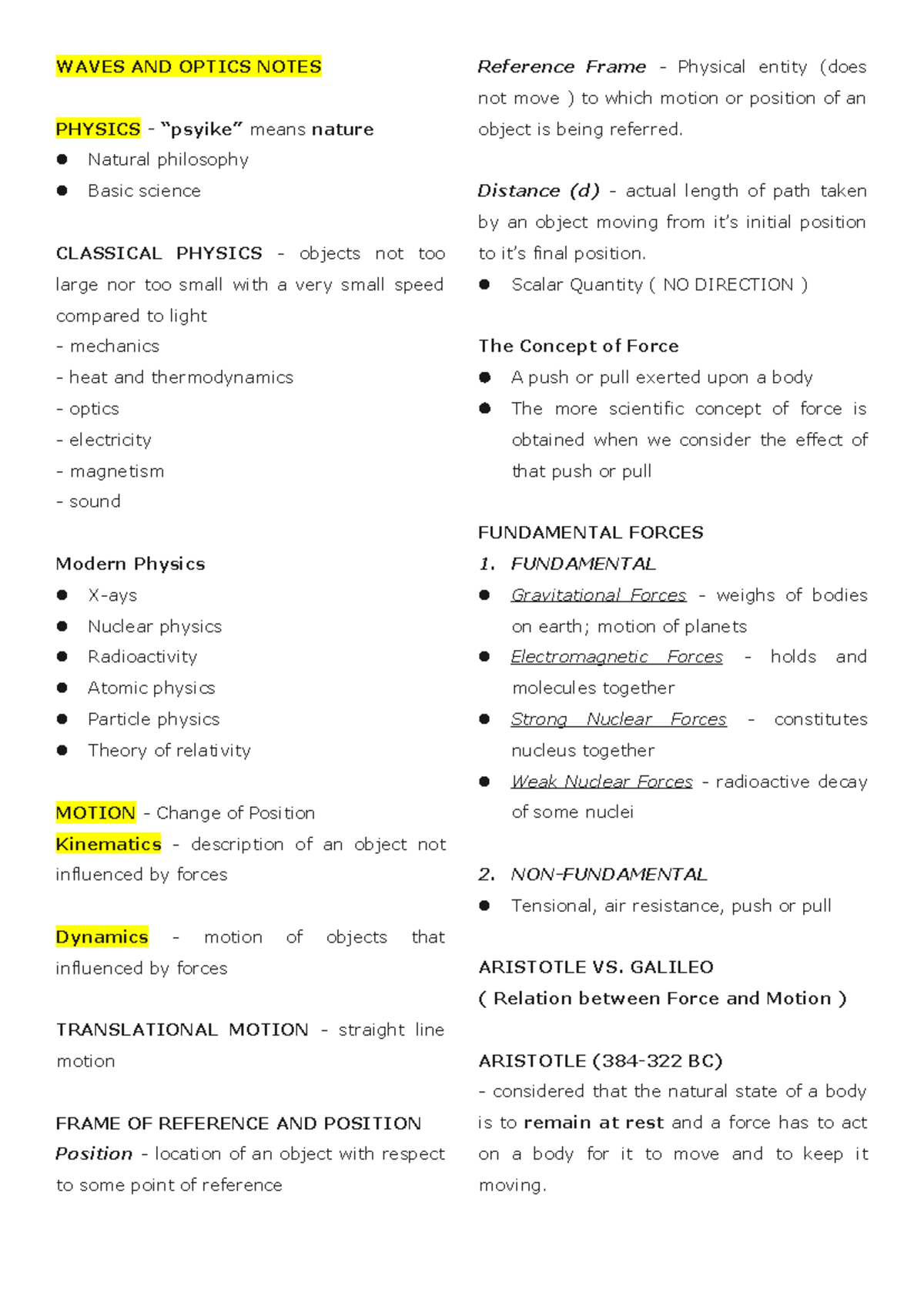 WAVES AND OPTICS REVIEWER: CLASSICAL PHYSICS NOTES - Studocu