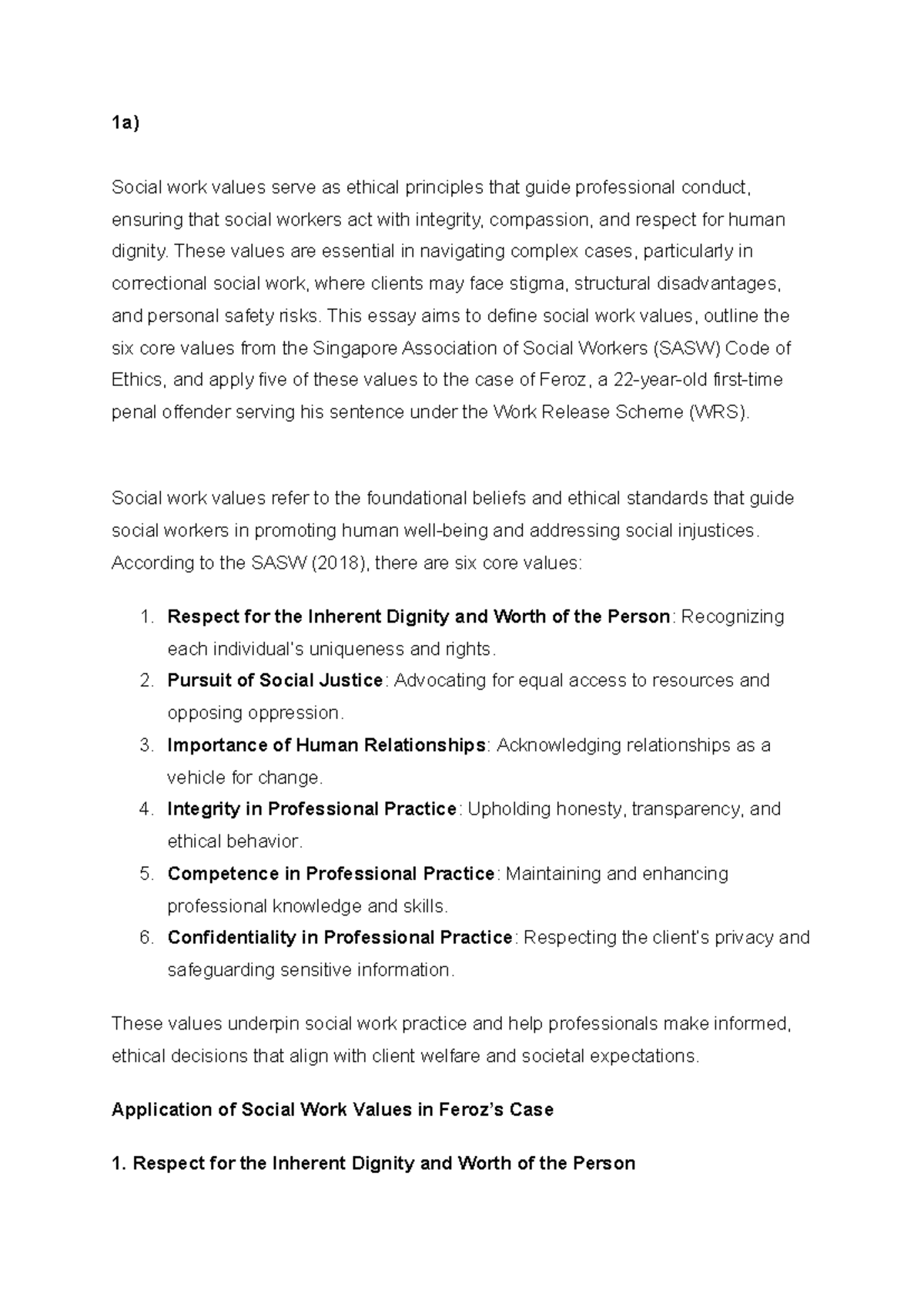 SWS 101 - Essay on Social Work Values in Feroz's Case Study - Studocu