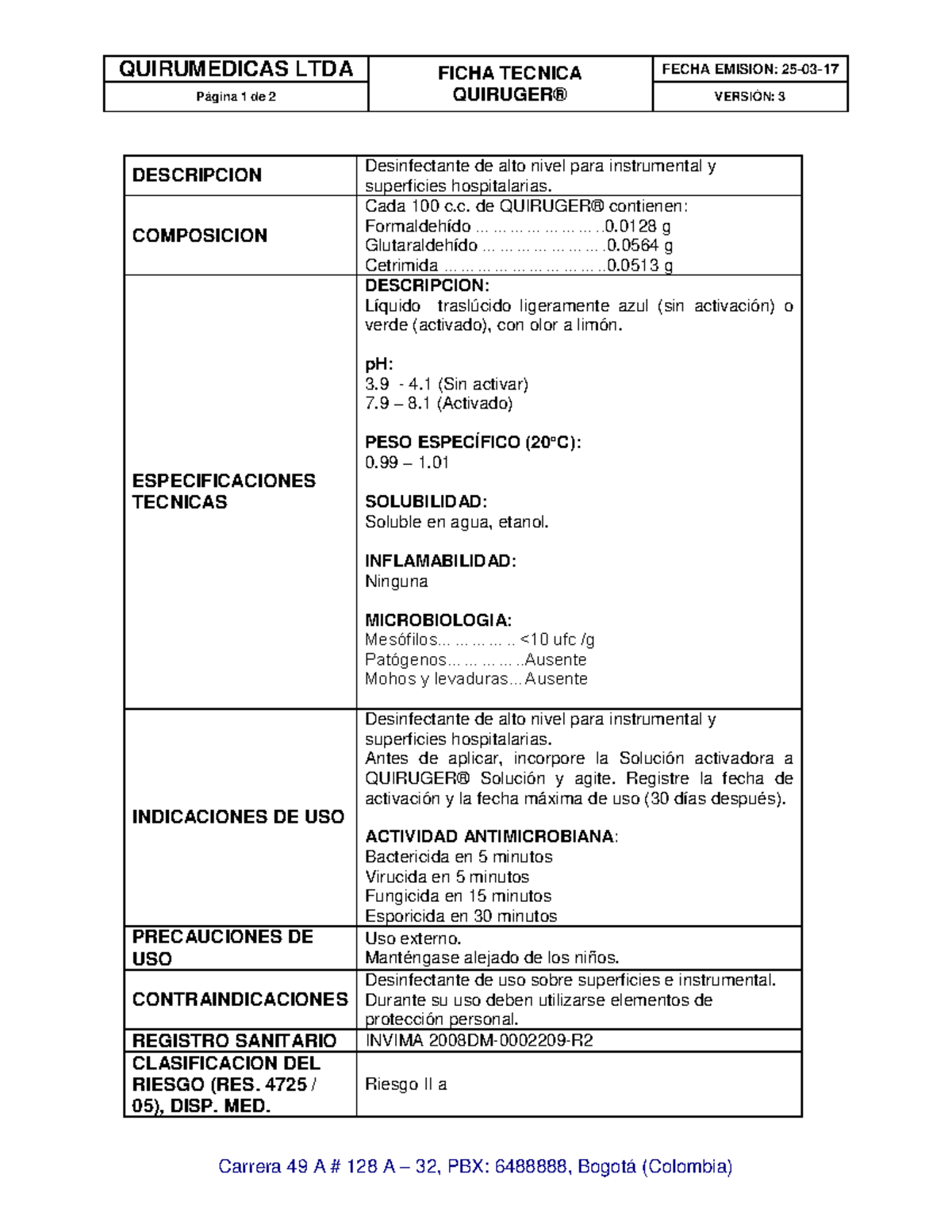 Ficha Técnica Quiruger® 2016 - Desinfectante para Hospitales - Document Preview