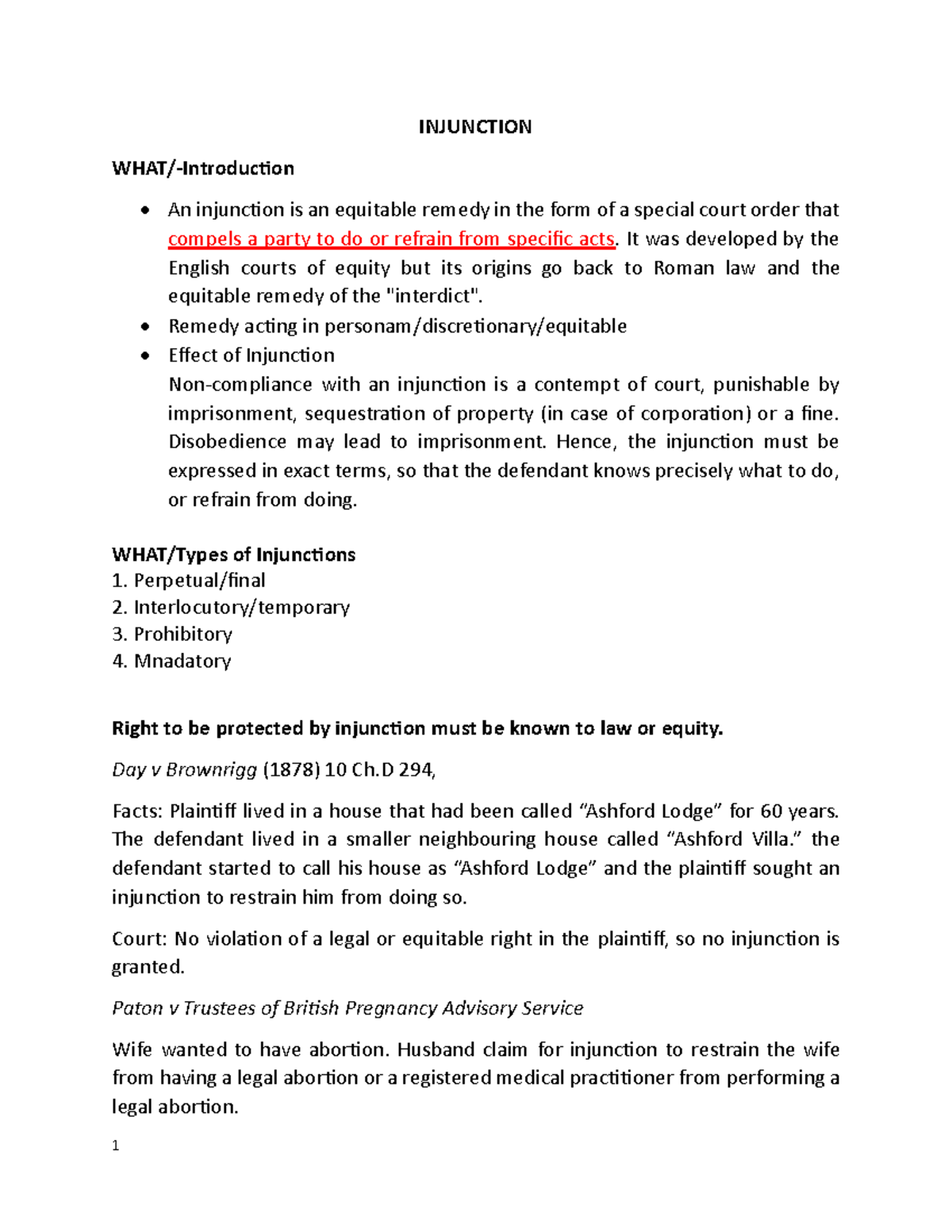 Injunctions: Legal Principles and Case Studies (LAW 101) - Studocu
