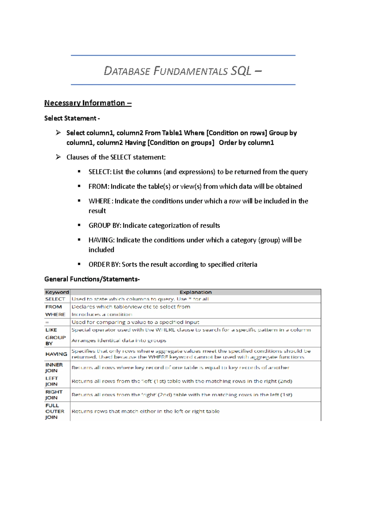 SQL Test Cheat Sheet - SQL 25482910 Notes on Queries and Functions ...