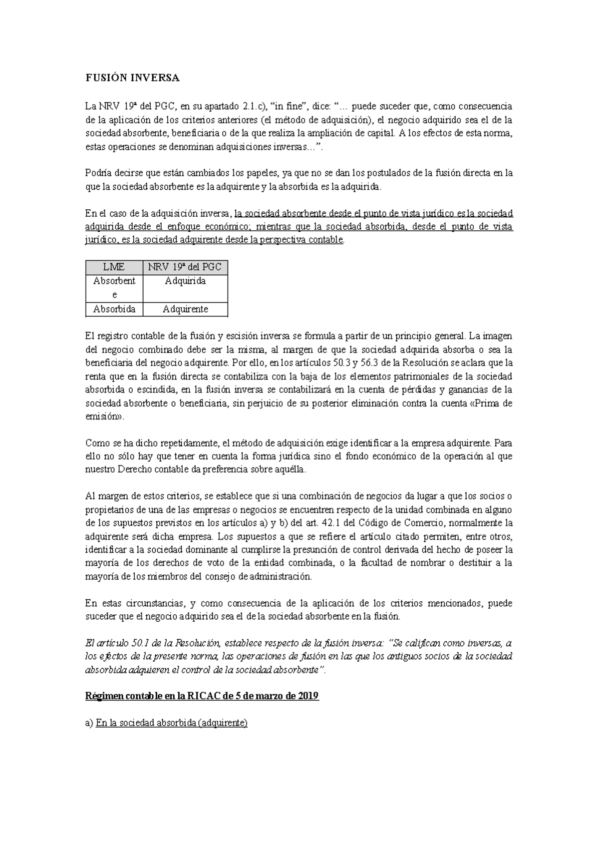 Estudio sobre la Fusión Inversa en Contabilidad (NRV 19ª del PGC) - Studocu