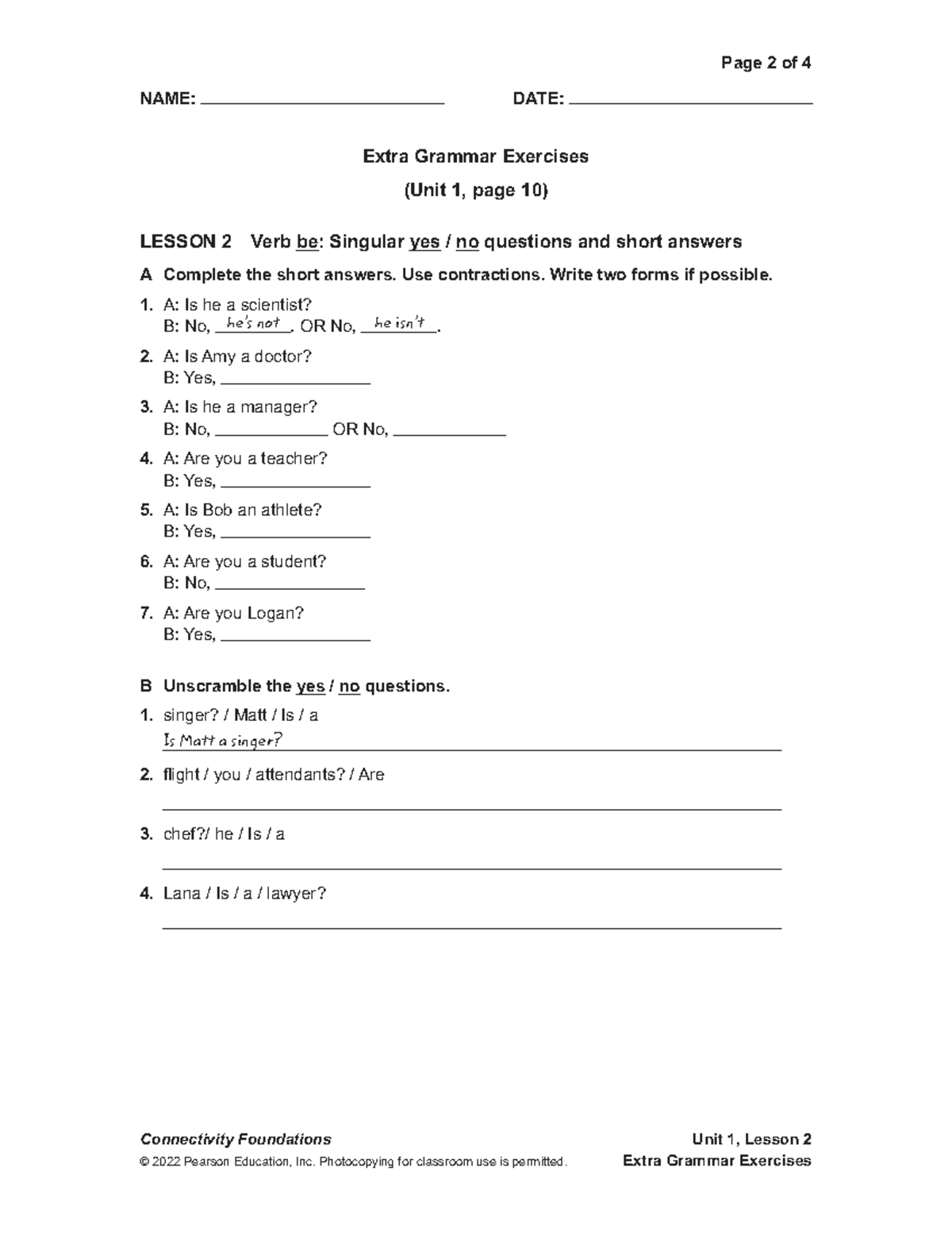 Unit 1, Lesson 2: Extra Grammar Exercises on Verb 'to be' - Studocu