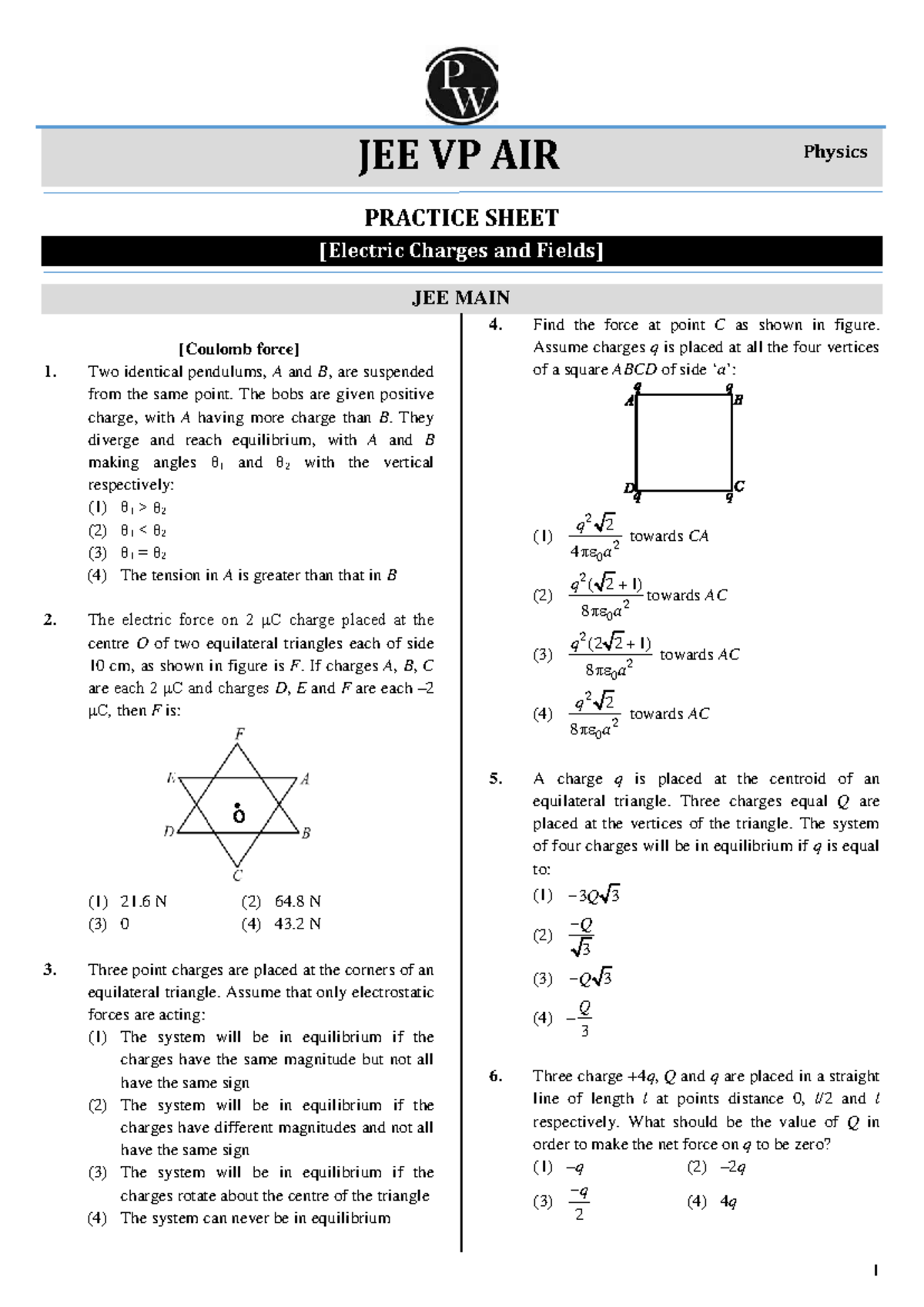 JEE MAIN Physics Practice Sheet: Electric Charges and Fields - Studocu