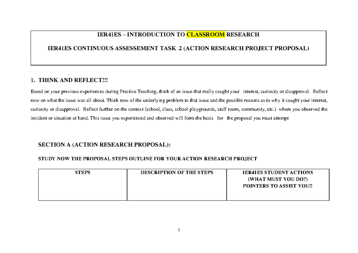 IER41ES Action Research Project Proposal Outline - 2022 Guide - Studocu