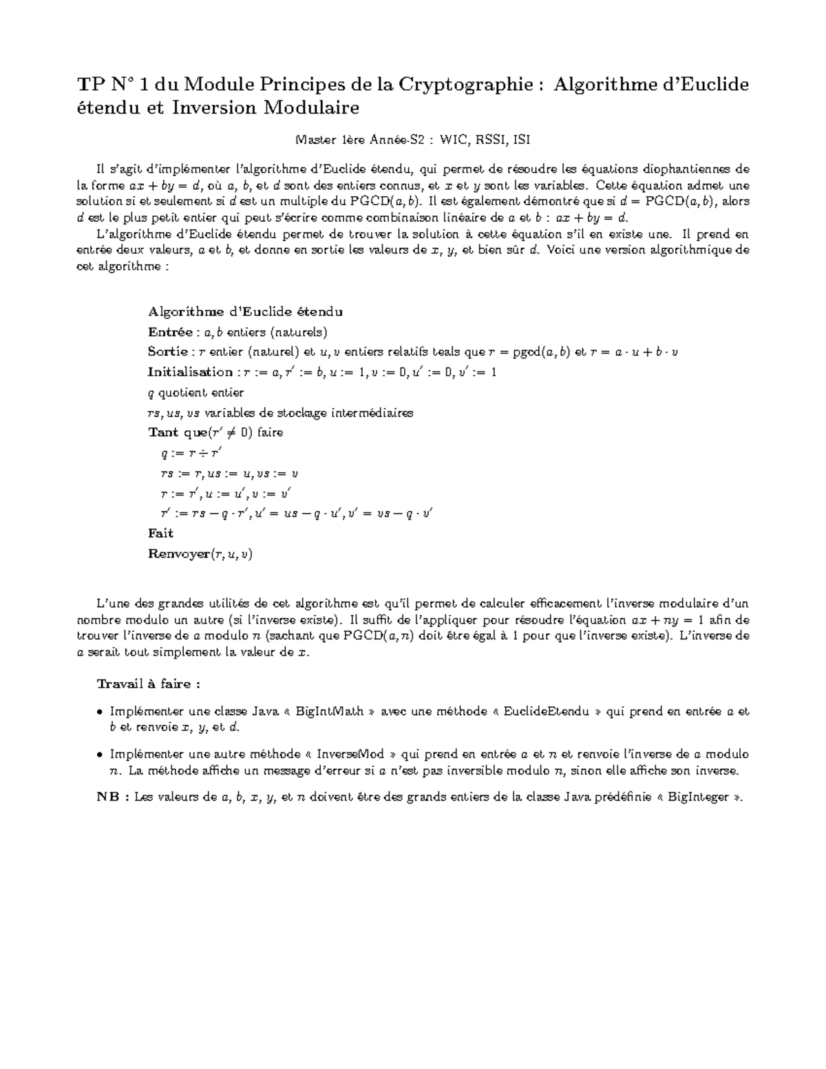 TP 1 du module principes de la cryptographie algorithme d'Euclide — free download