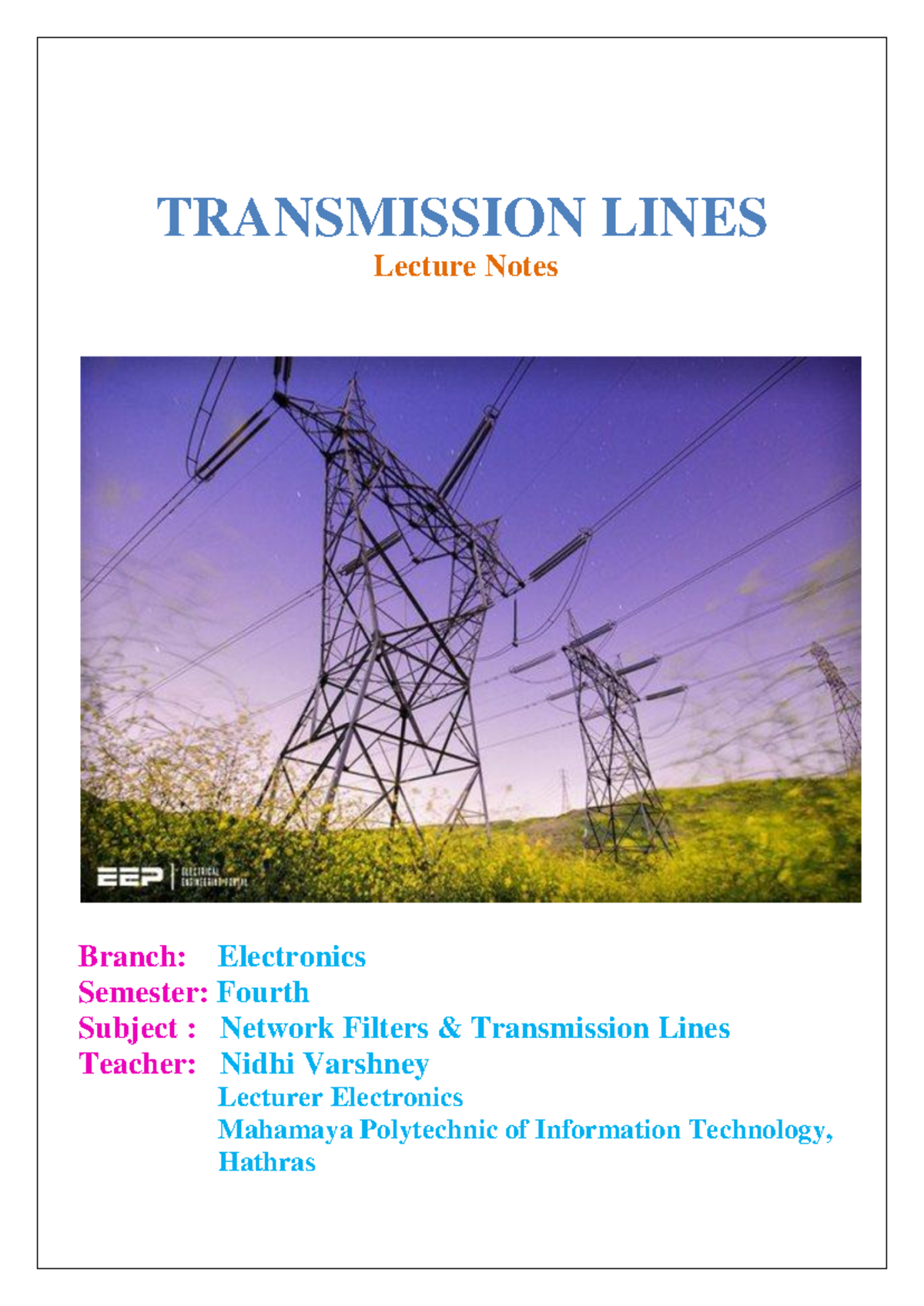 ELEC 101: Transmission Lines Lecture Notes - 4th Semester - Studocu