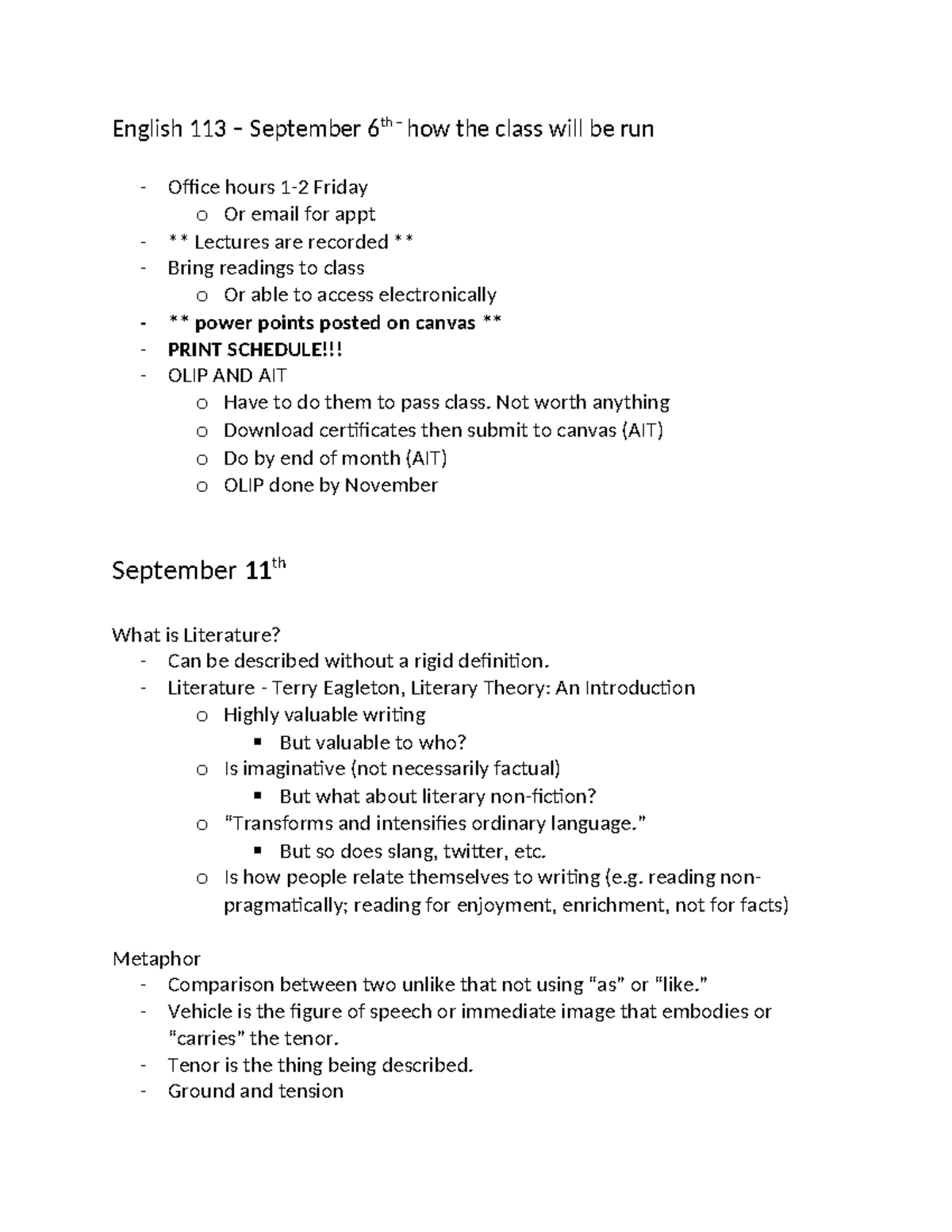 English 113 - notes taken from the first few lectures - English 113 ...