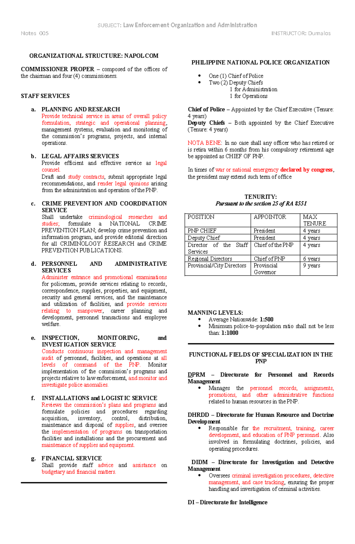 Lea1notes 0005 - LEA 1 - SUBJECT: Law Enforcement Organization and ...
