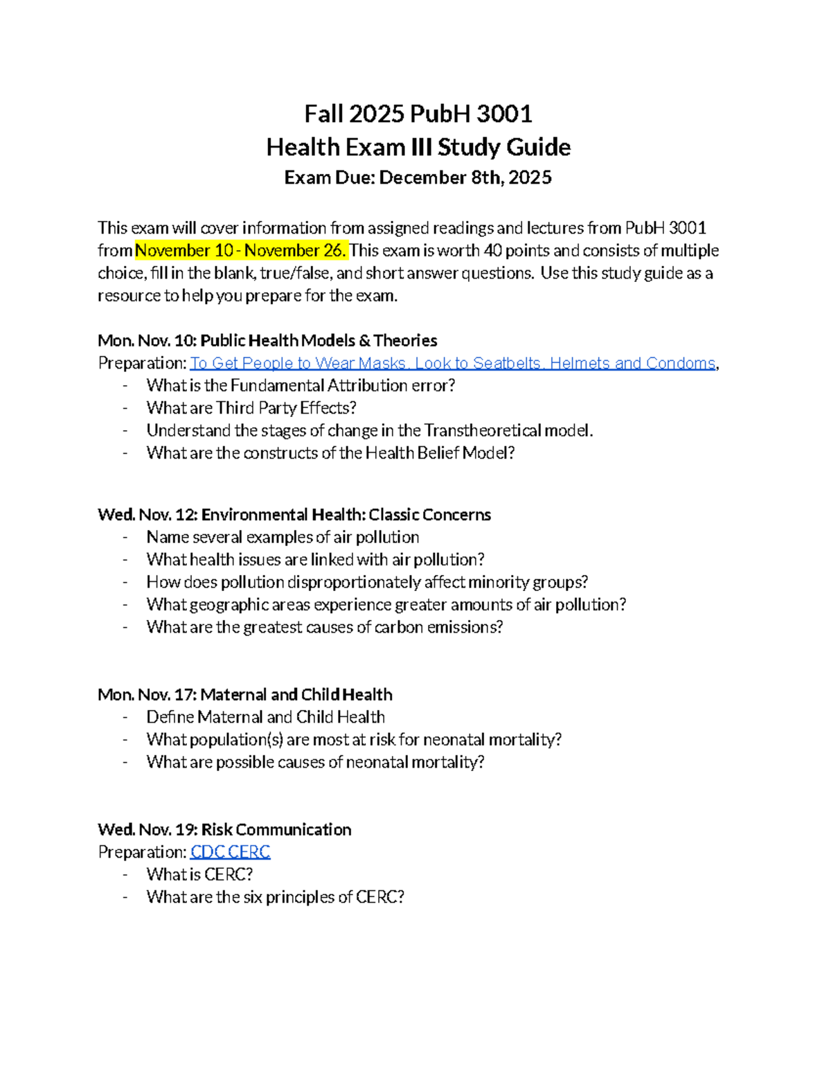 Fall 2025 PubH 3001 Health Exam III Study Guide - Studocu