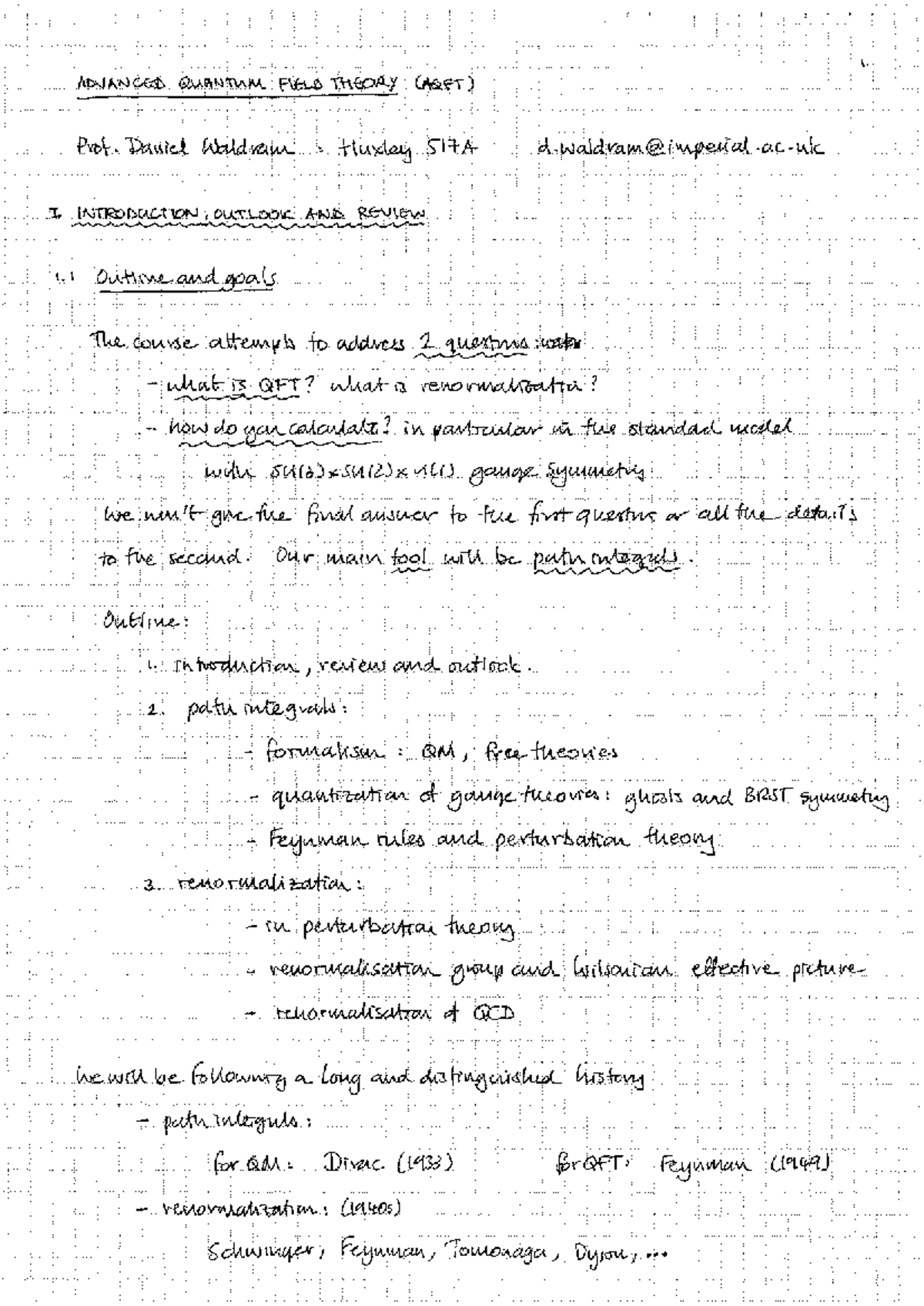 AQFT - Lecture Notes on Advanced Quantum Field Theory Concepts - Studocu