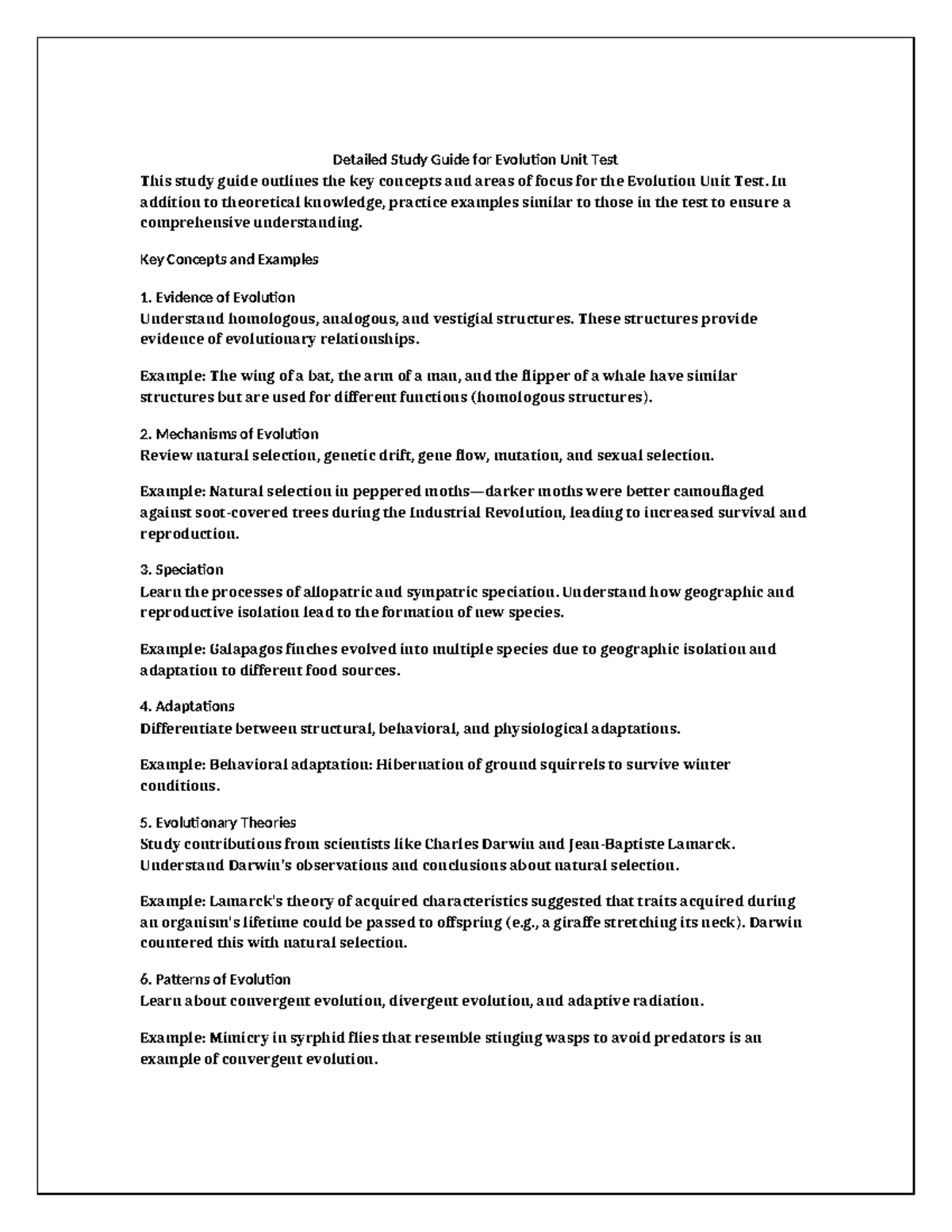 Detailed Evolution Unit Test Study Guide - Detailed Study Guide for ...
