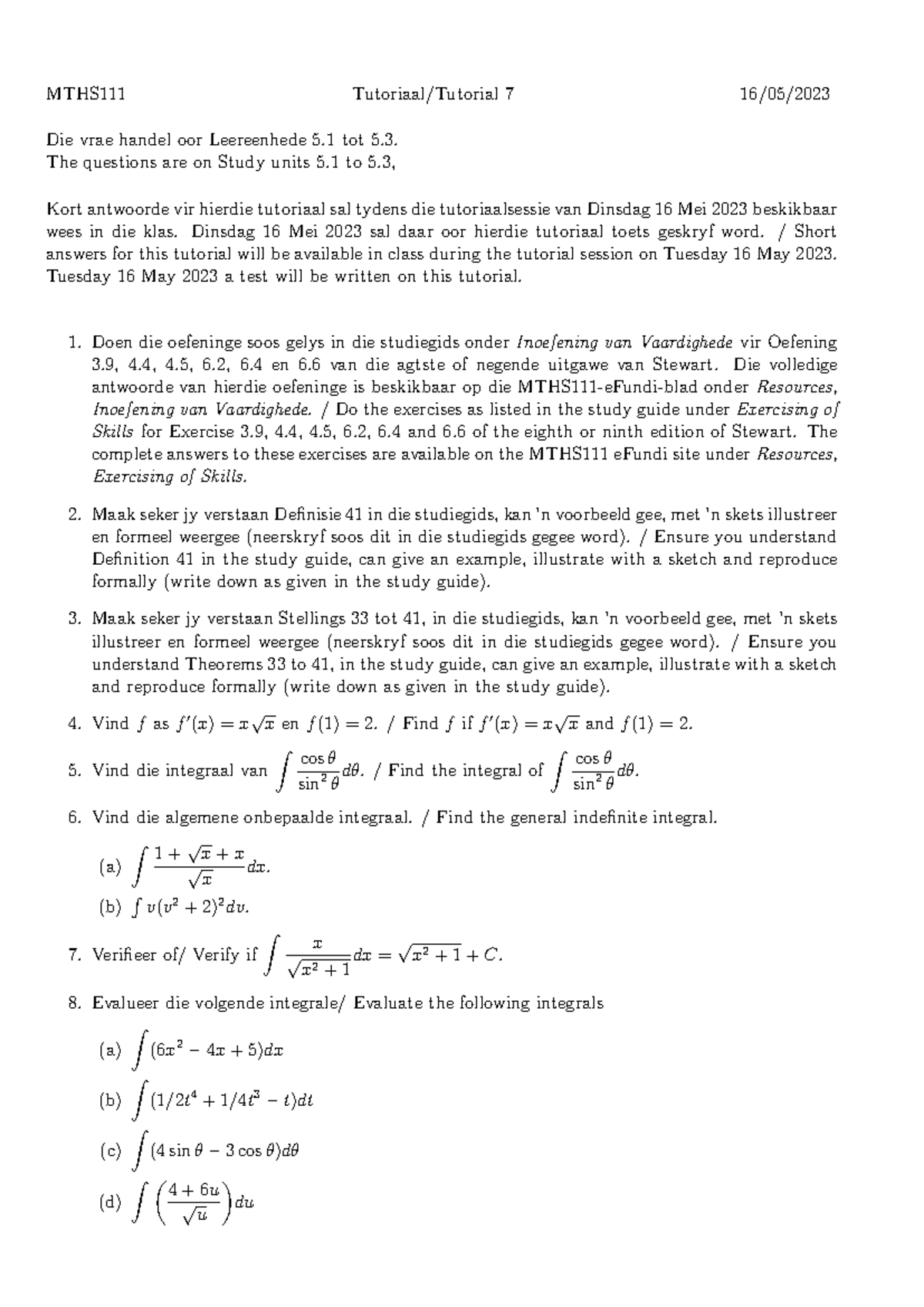 MTHS111 Tutorial 7 Questions on Study Units 5.1-5.3 - 2023 - Studocu
