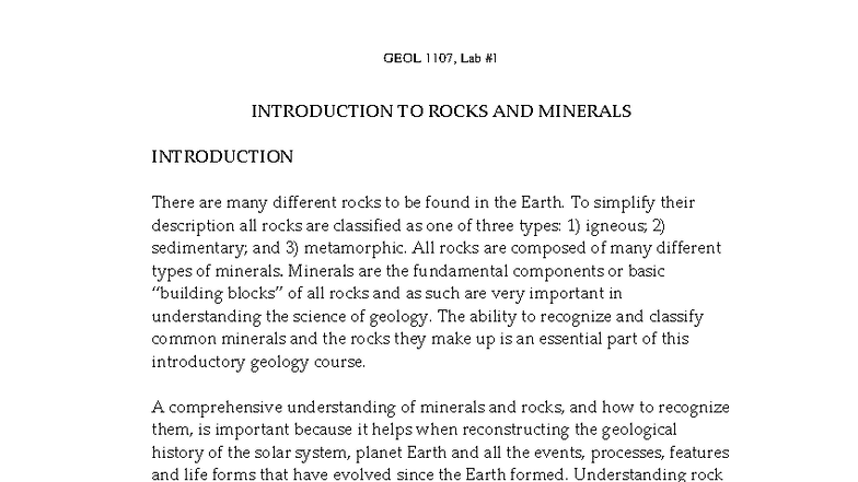 GEOL 1107 Lab: Introduction to Rocks and Minerals - Fall 2025 - Studocu