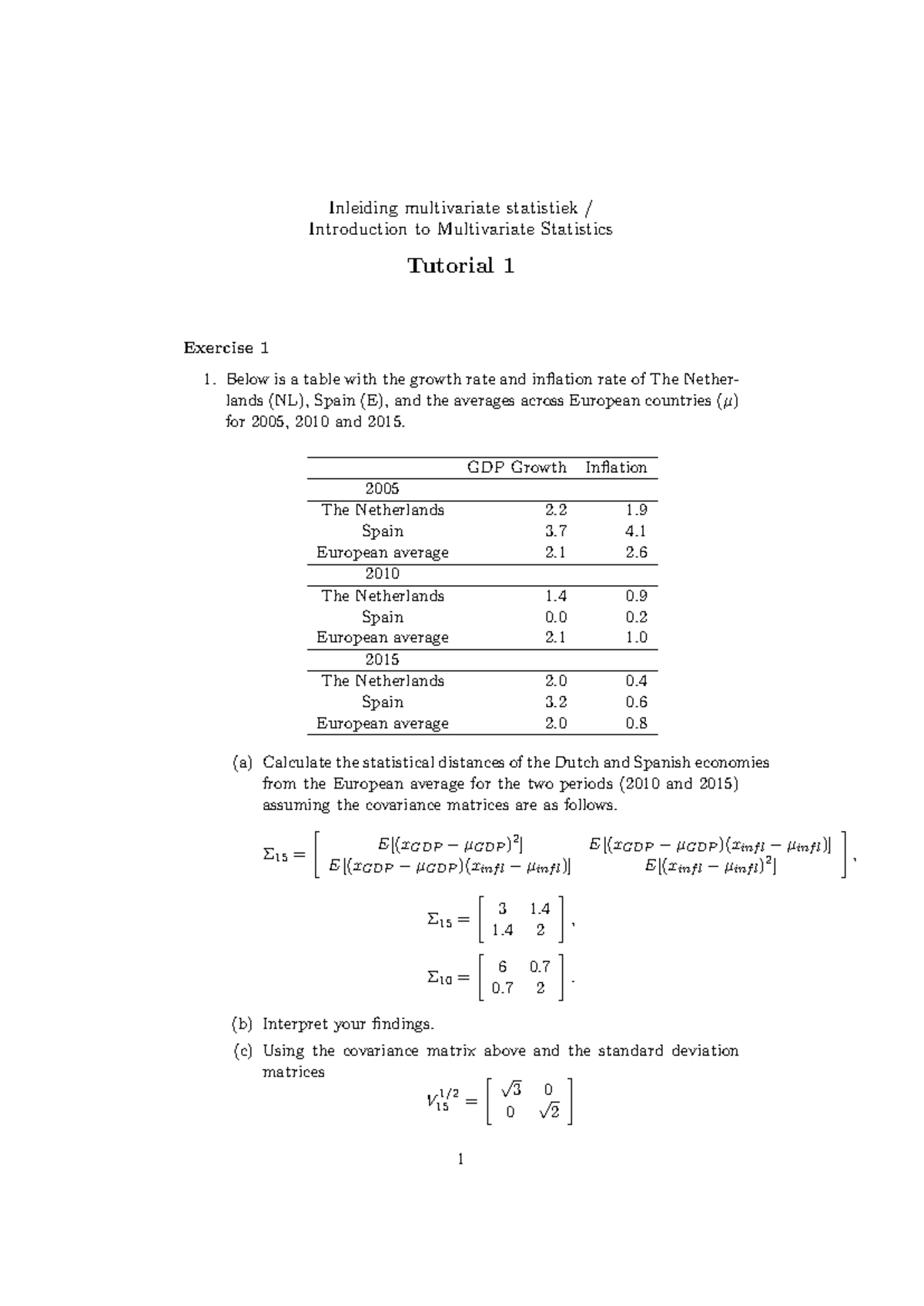 Introduction to Multivariate Statistics - Tutorial 1 Analysis - Studeersnel