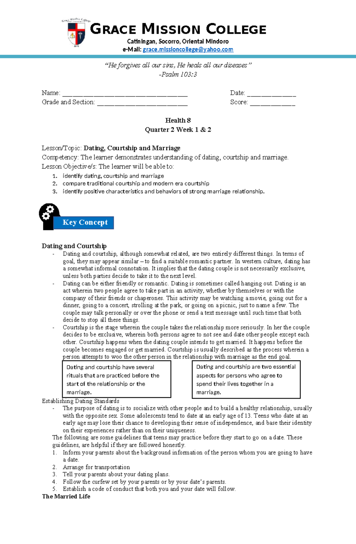 Q1W1 Health 8 Lesson: Understanding Dating, Courtship, and Marriage ...