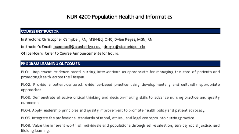 NUR 4200 Population Health & Informatics Course Syllabus Overview - Studocu