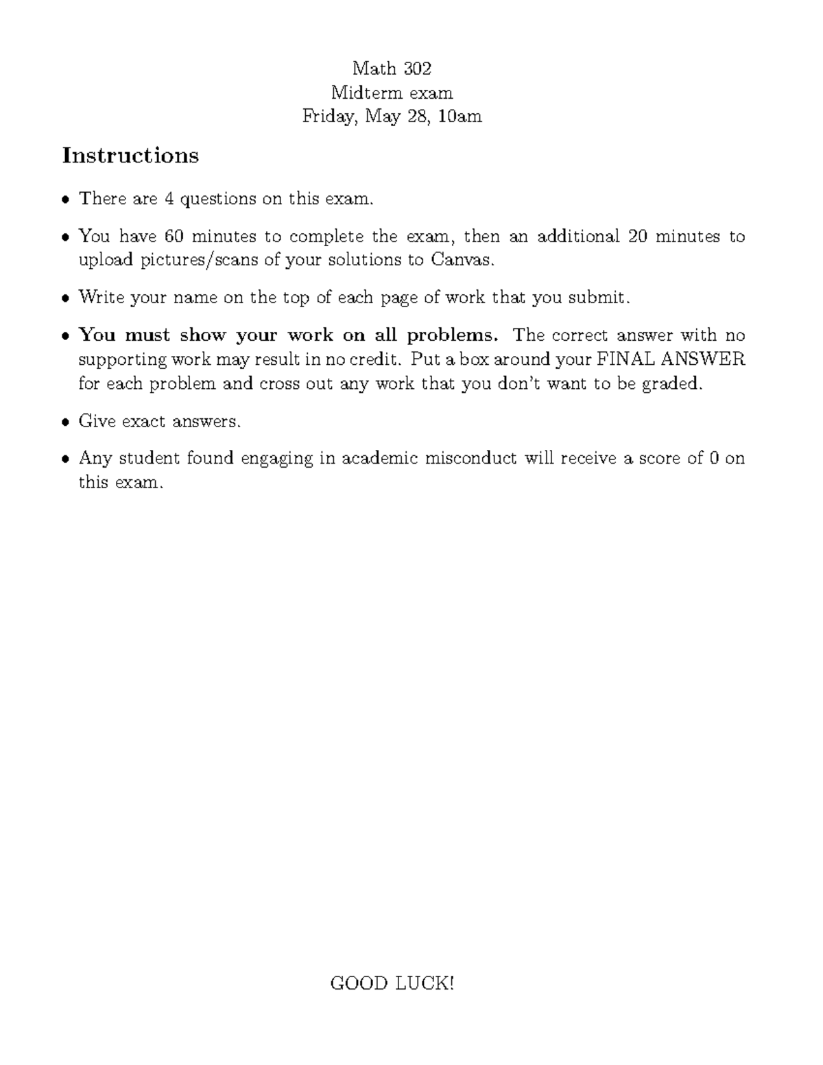 Past Midterm Exam - MATH 302 (2018) with Probabilities and Expectations ...