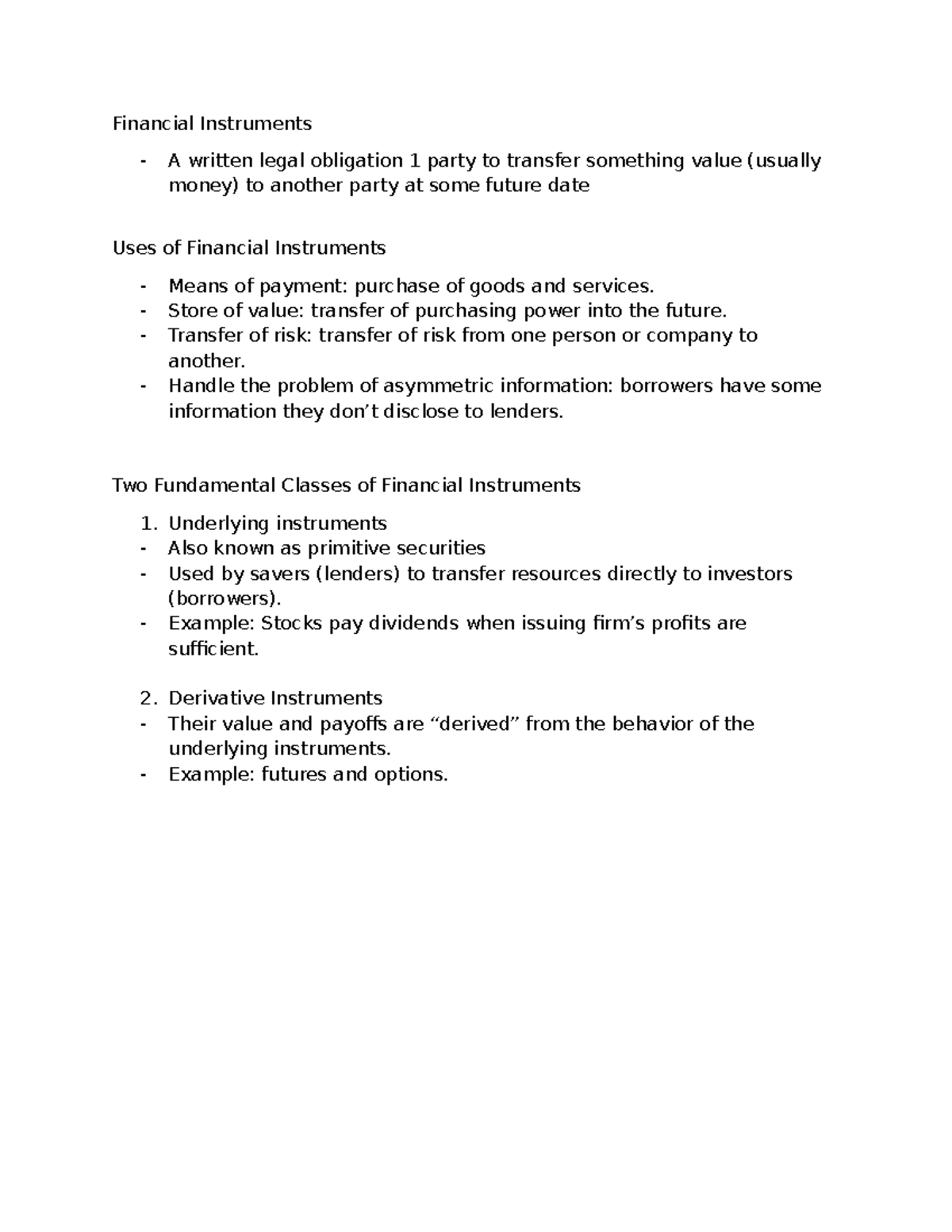 Fin435 chapter 1 - Overview of financial instruments and their uses ...