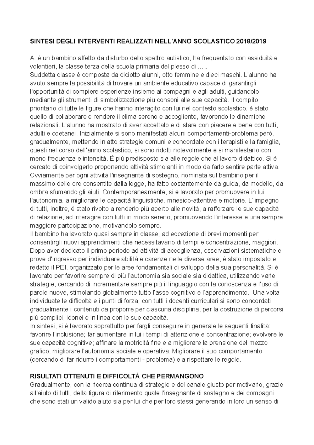 relazione intermedia sostegno scuola primaria esempi