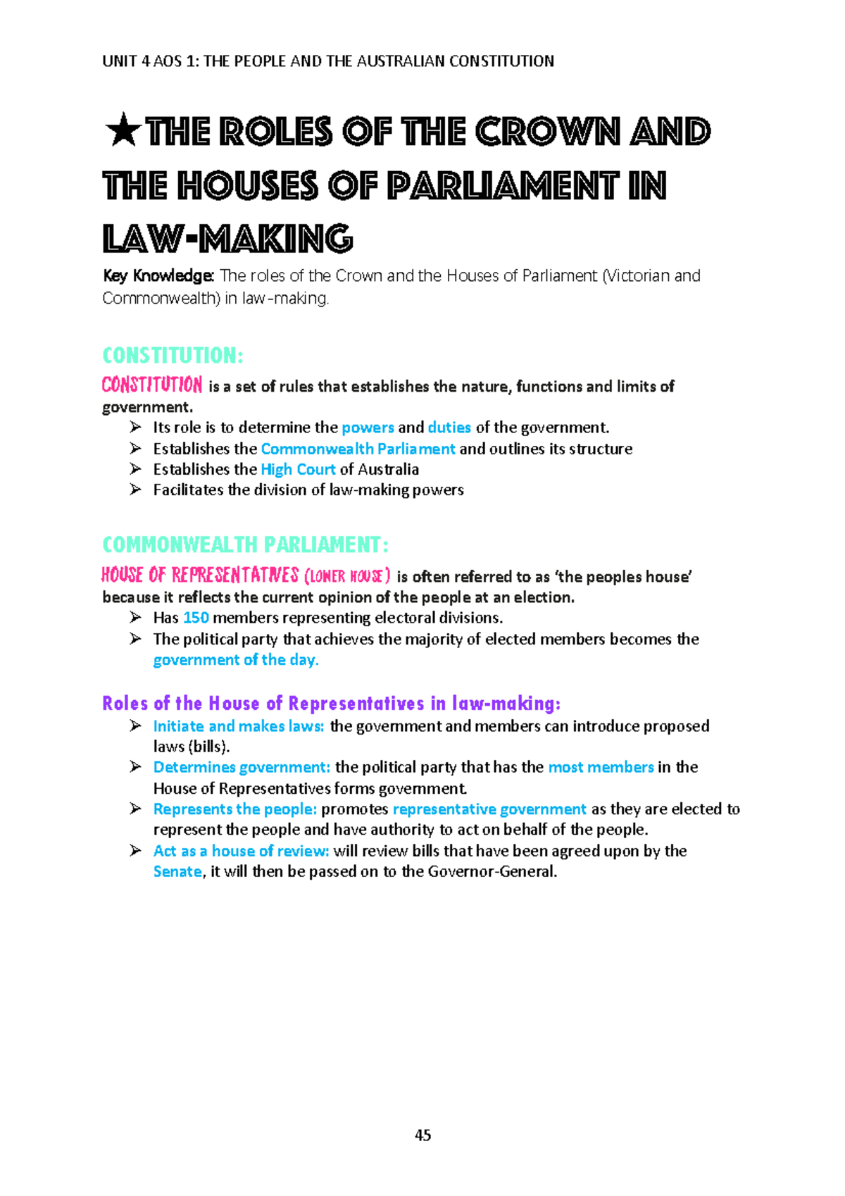 Legal Studies Unit 4 VCE: Law-Making Roles of Parliament & Crown - Studocu