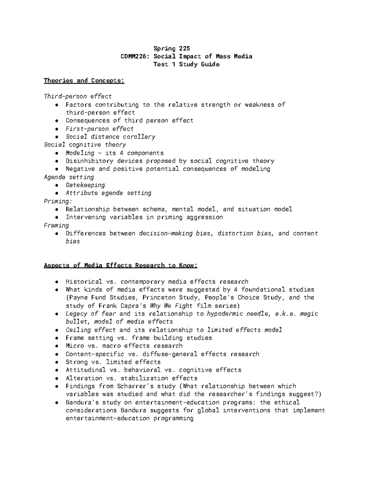 Test 1 Study Guide for COMM226: Media Effects Theories and Concepts ...