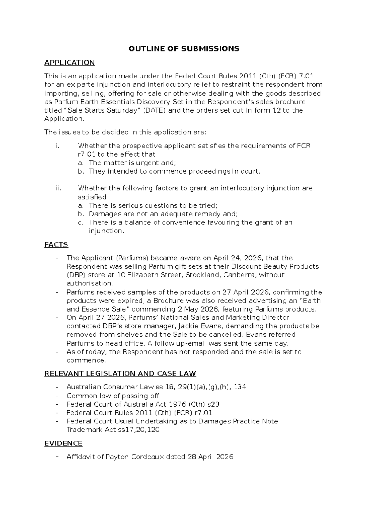Outline of Submissions for Ex Parte Injunction (FCR 7.01) - Studocu