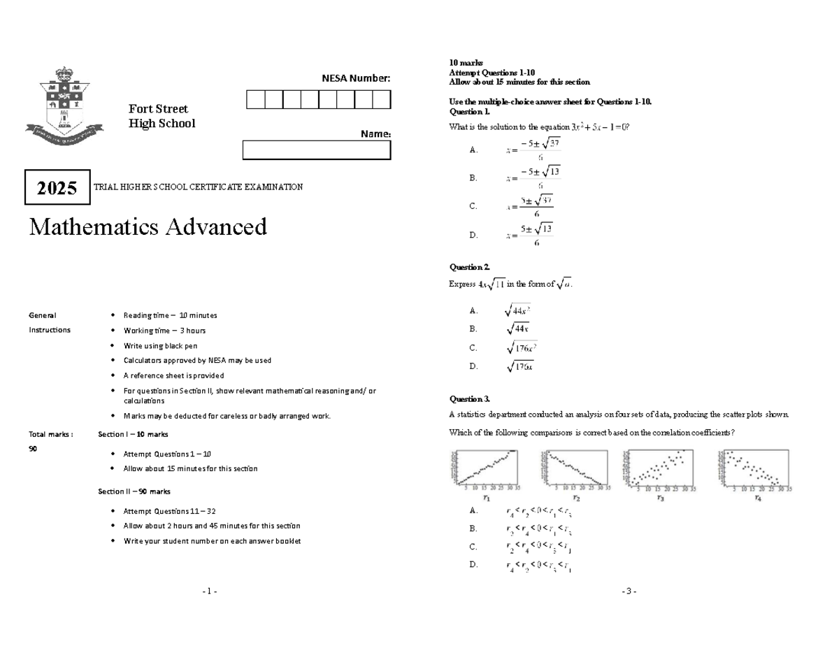 Fort St 2025 2U Mathematics Advanced Trial Exam - Studocu