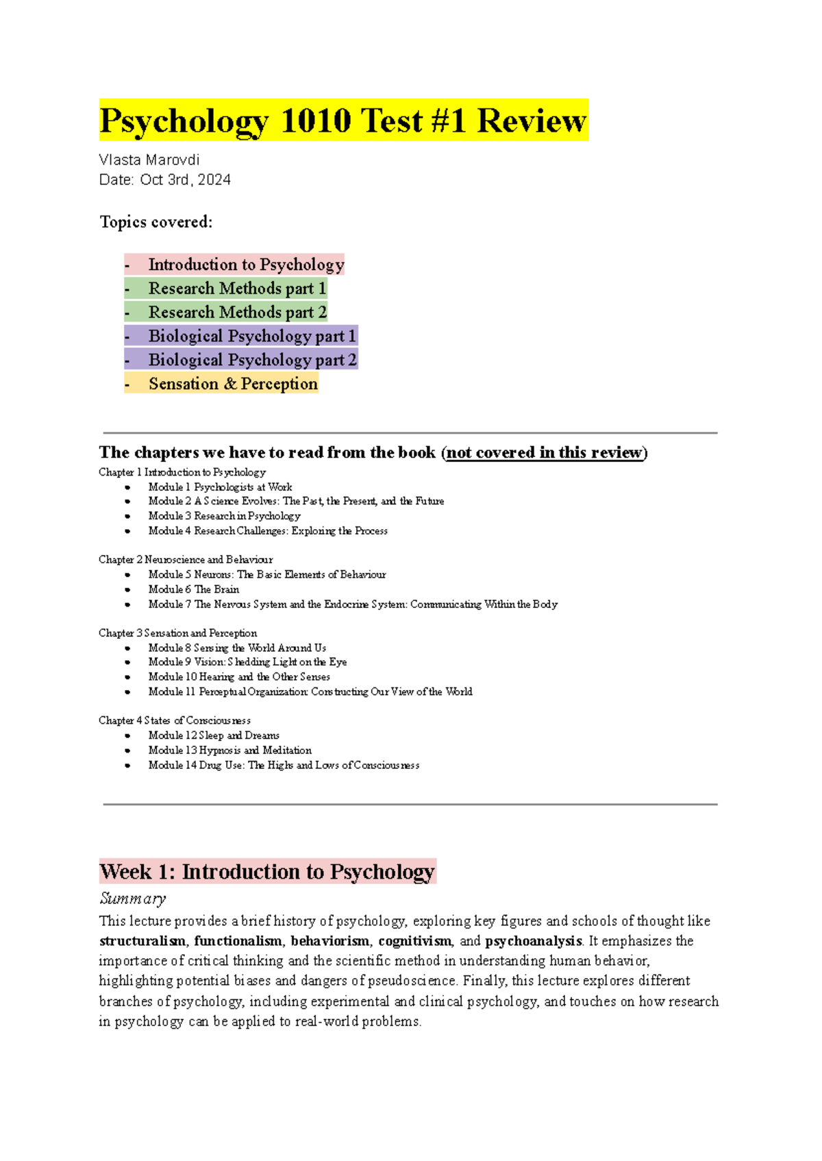 Psychology 1010 Test 1 Review - Midterm Exam Study Notes - Studocu