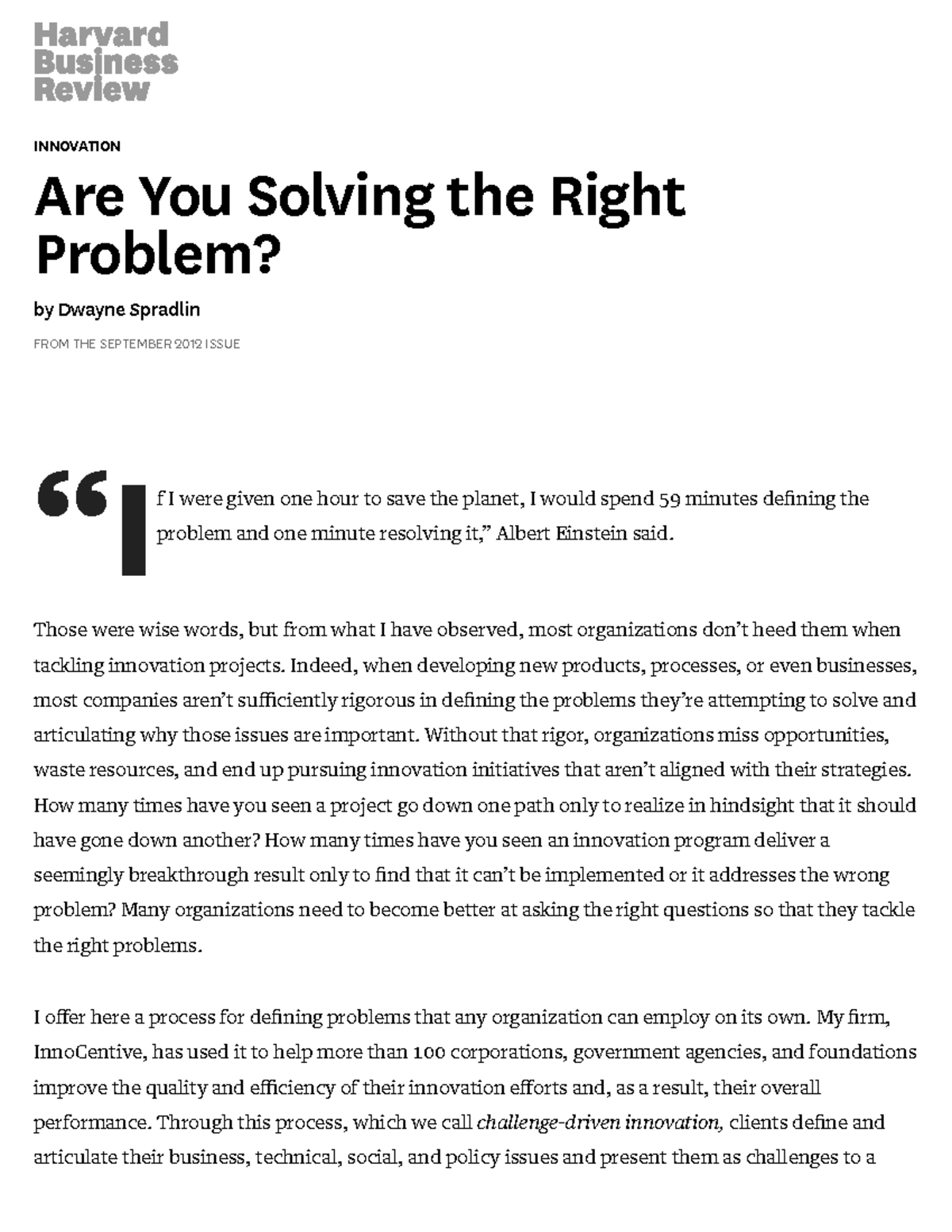 INNOVATION: Defining the Right Problem for Effective Solutions - Studocu