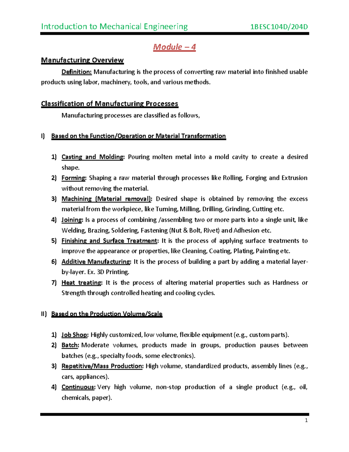 IME 1BESC104D Module 4: Manufacturing Processes Overview - Studocu