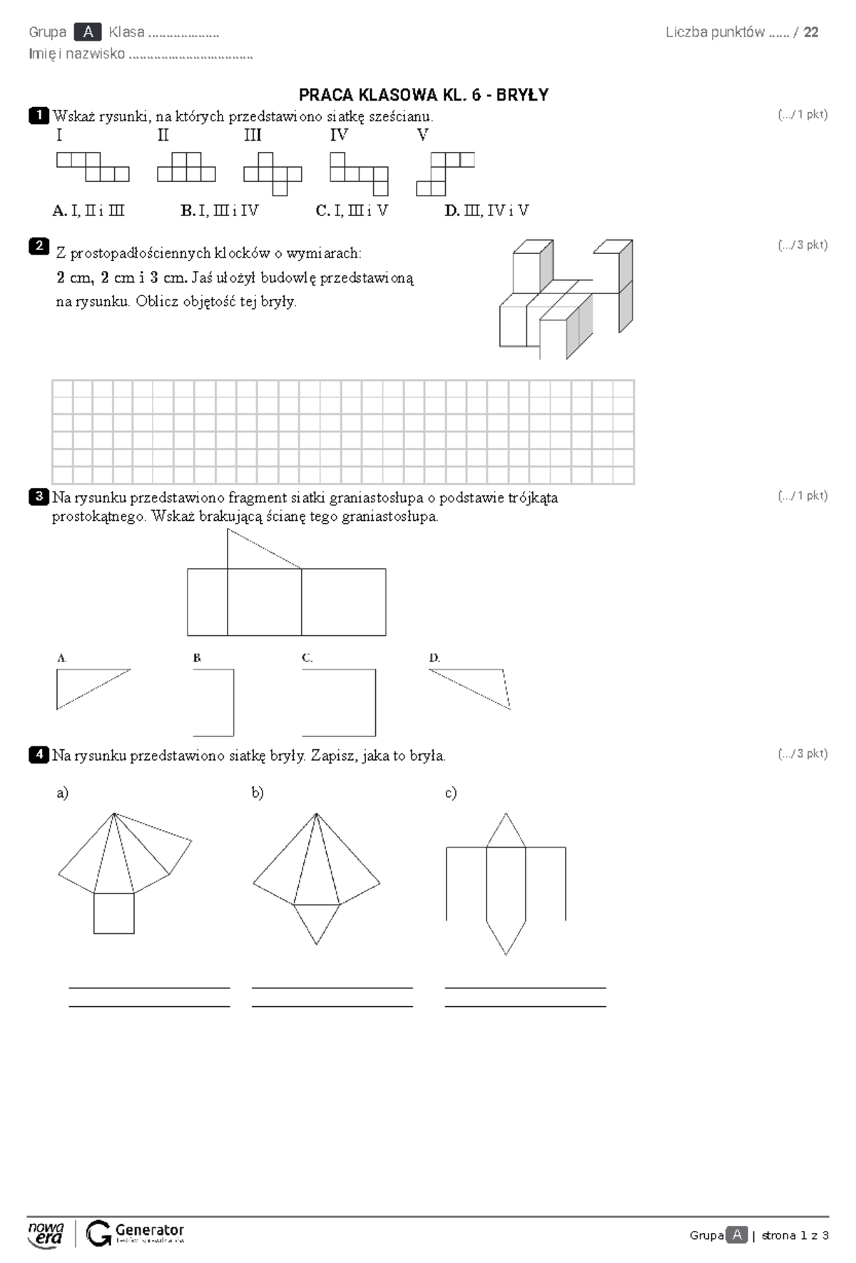 Matematyka kl. 6c - Praca Klasowa: Bryły Geometriczne - Studocu