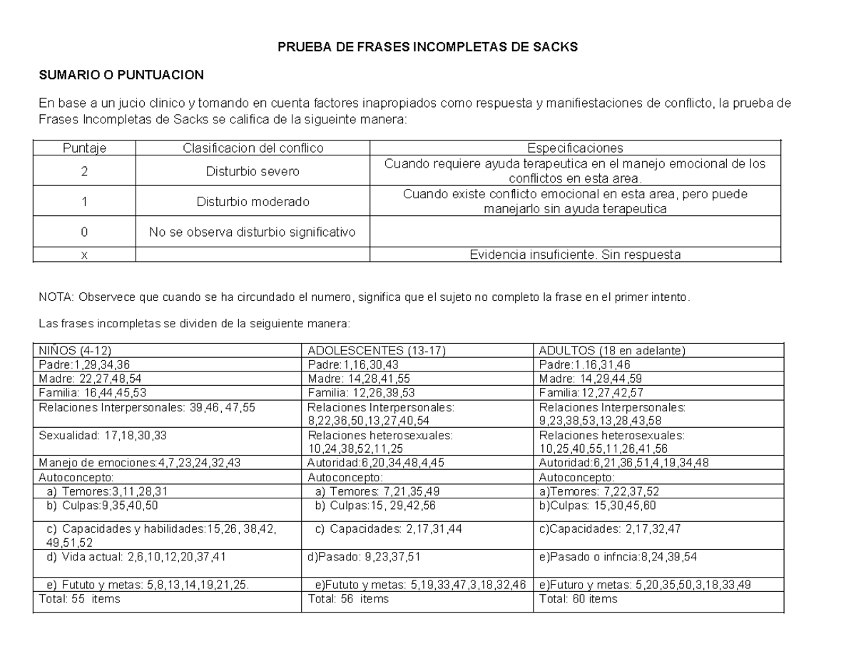 PRUEBA DE FRASES INCOMPLETAS DE SACKS: PUNTUACIÓN Y CLASIFICACIÓN - Studocu