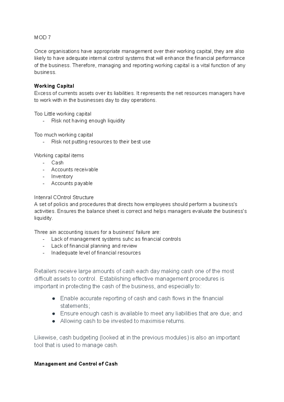 MOD 7 - Lecture Notes on Working Capital Management and Internal ...