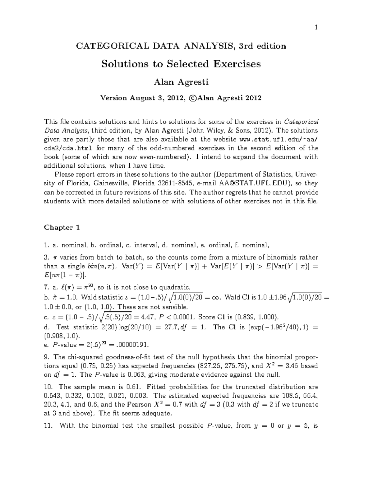 Solutions to Selected Exercises - Categorical Data Analysis (3rd