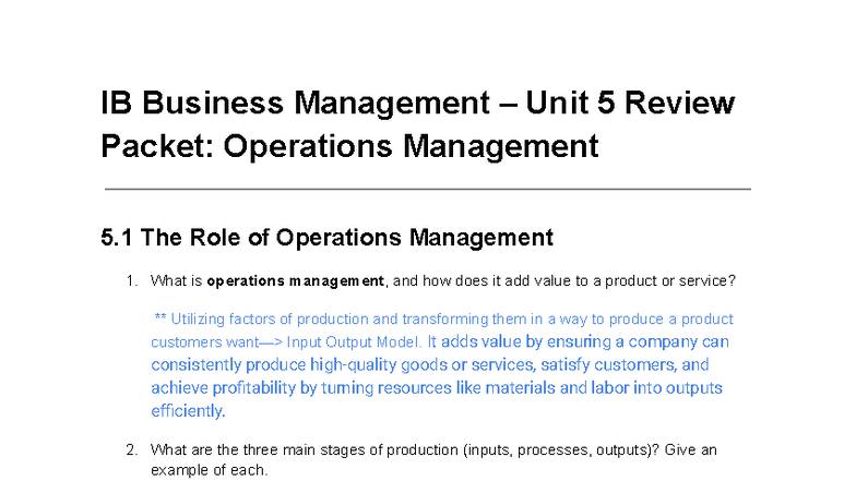 IB Business Management - Unit 5 Review Packet: Operations Management ...