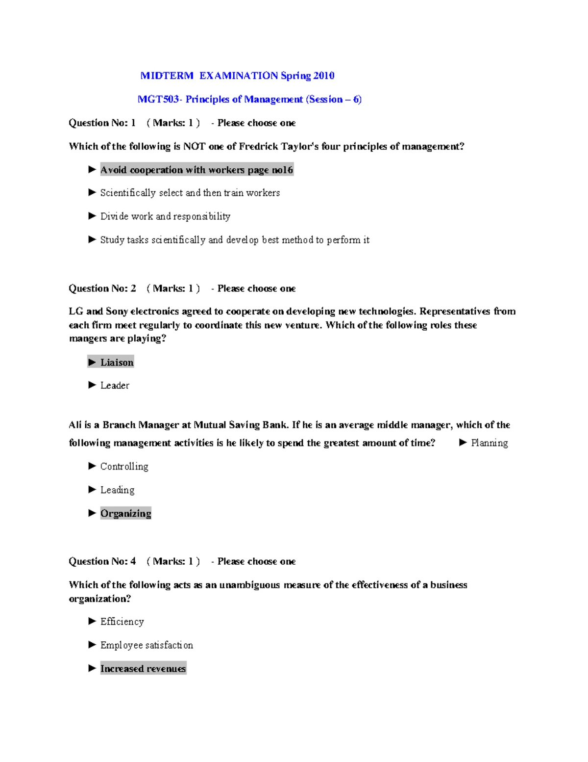 MGT503 Midterm Exam Solutions - Principles of Management (Spring 2009 ...
