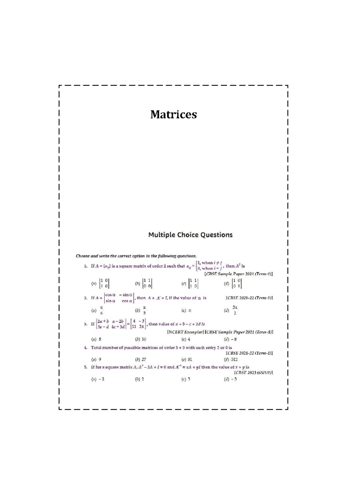 Selfstudys com file - Do whatever you want - Matrices Multiple Choice ...