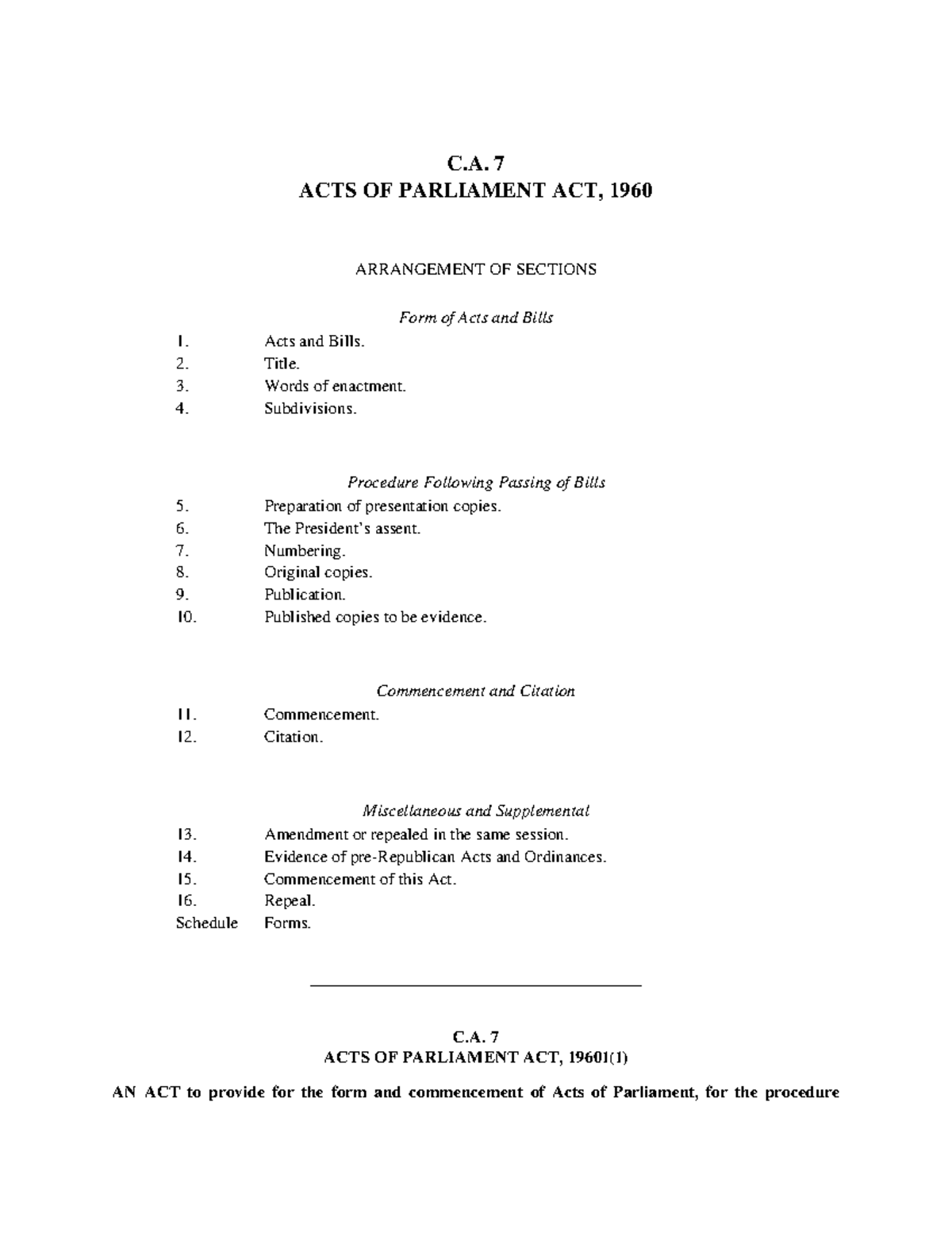 C.A. 7 Acts of Parliament Act, 1960: Arrangement & Procedures - Studocu