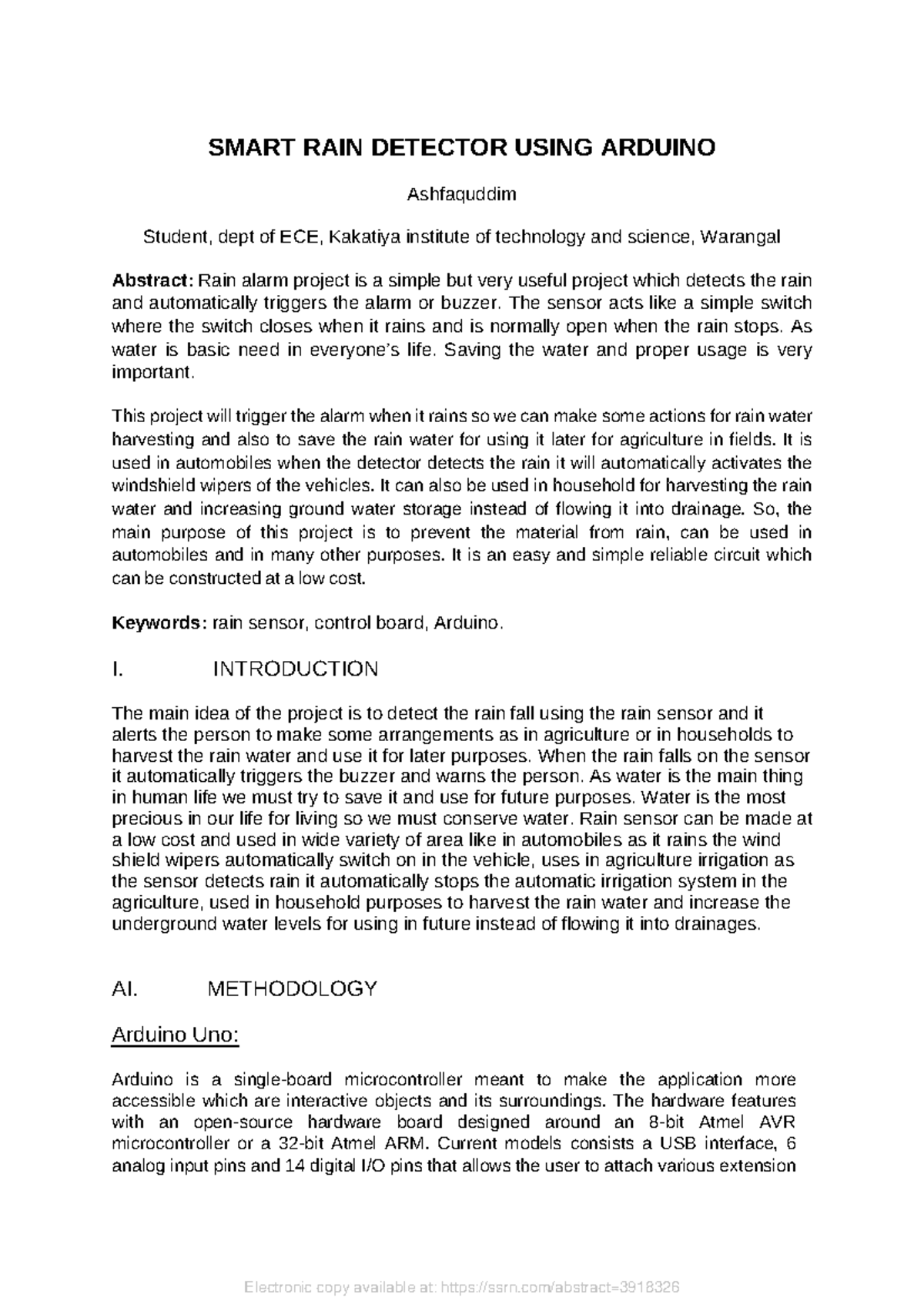 SMART RAIN DETECTOR USING ARDUINO - ECE Project Notes - Studocu